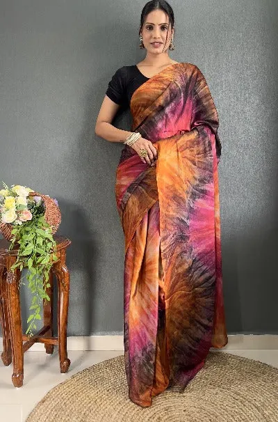 1 Min Pink Orange Tone Rangoli Silk Prism Print Stitched Readymade Saree