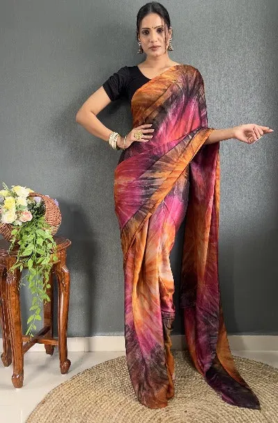 1 Min Pink Orange Tone Rangoli Silk Prism Print Stitched Readymade Saree