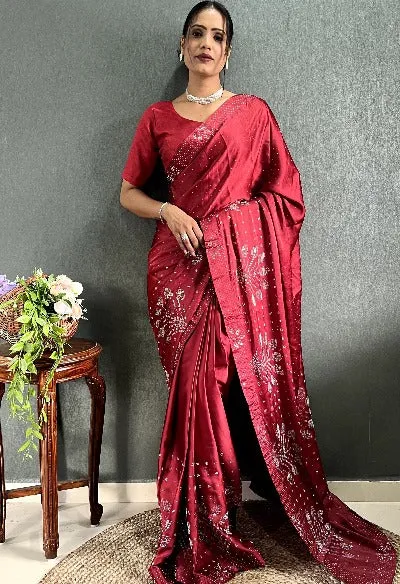 1 Min Soft Satin Silk Embellished Work Stitched Readymade Saree