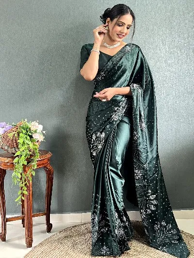 1 Min Soft Satin Silk Embellished Work Stitched Readymade Saree