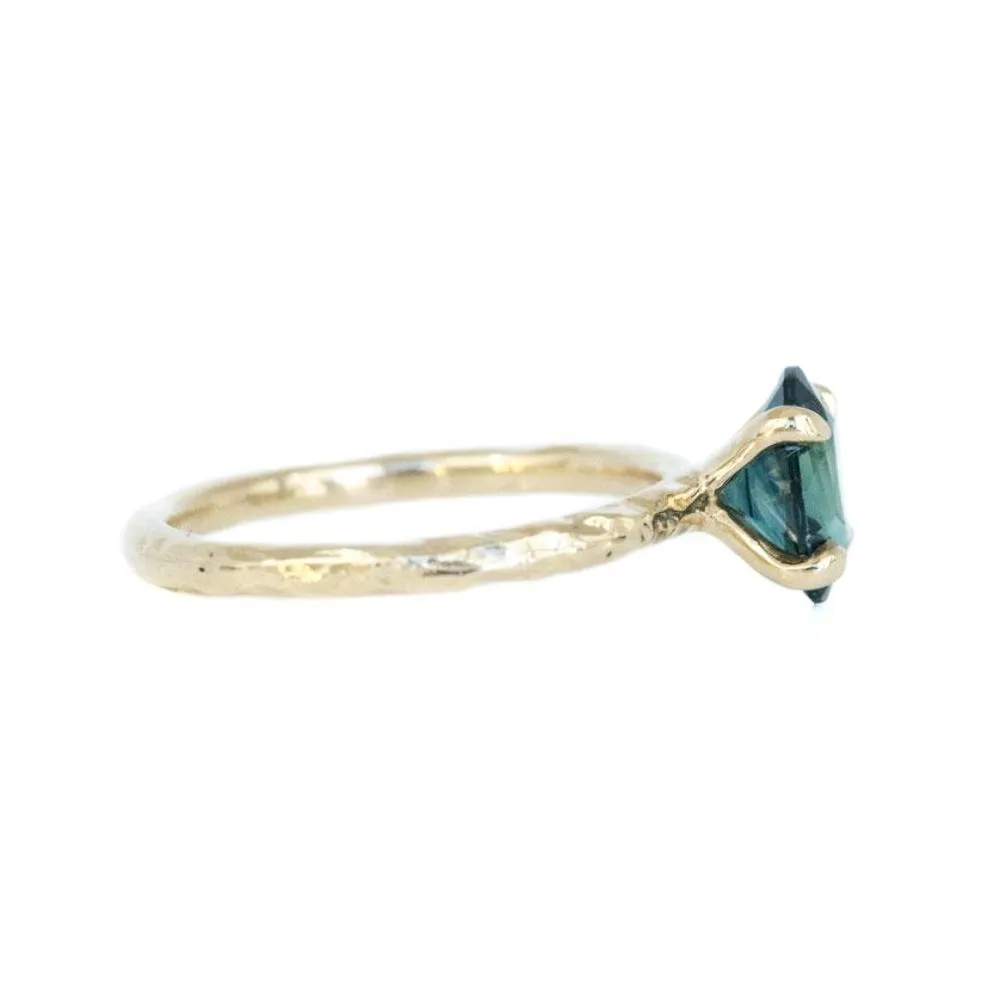 1.60ct Deep Teal Oval Sapphire Ring in Yellow Gold Evergreen 4 Prong Solitaire