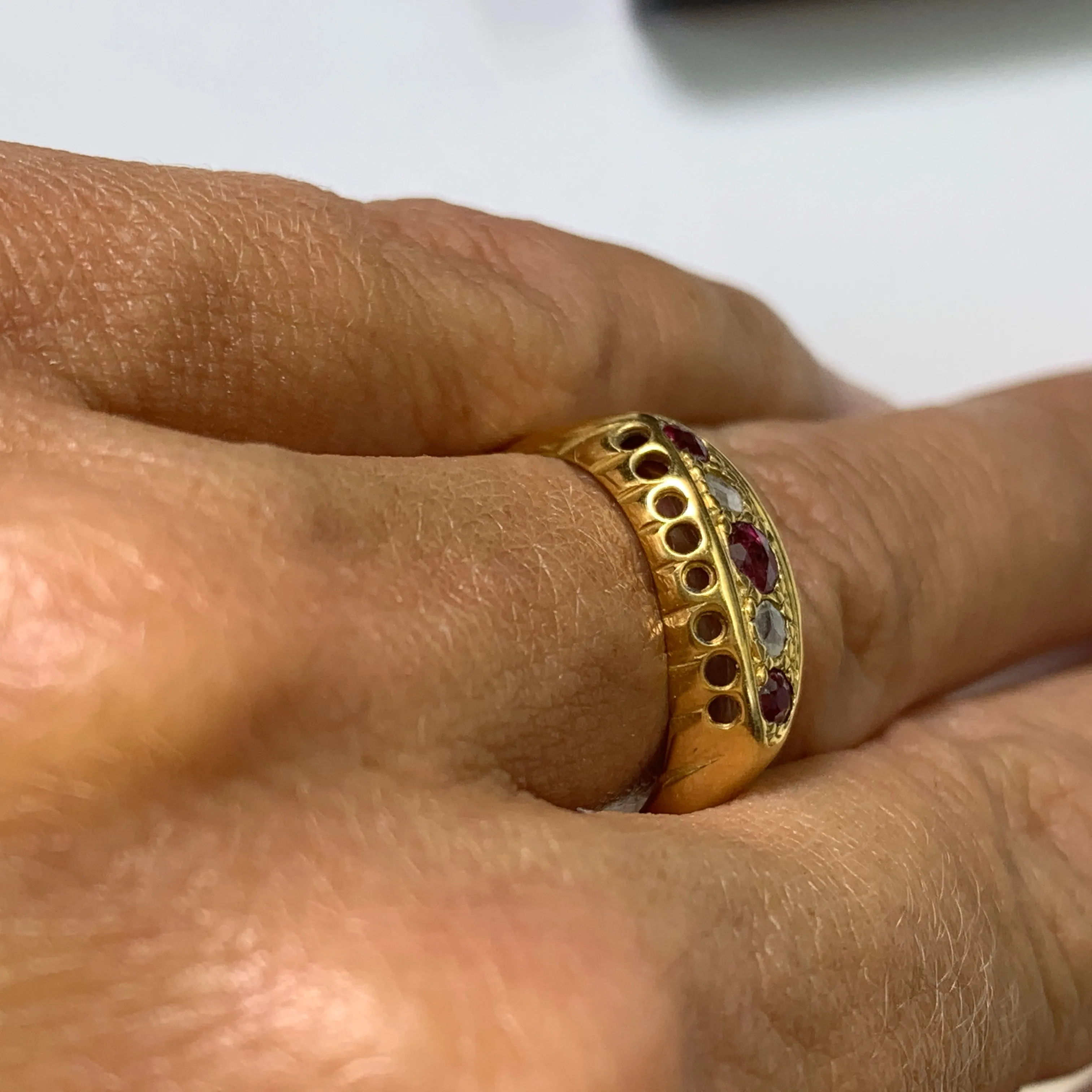 1890s Antique Spinel and Diamond Ring in 18k Yellow Gold. Unique Stacking or Wedding Ring.