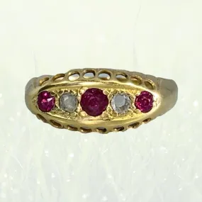 1890s Antique Spinel and Diamond Ring in 18k Yellow Gold. Unique Stacking or Wedding Ring.