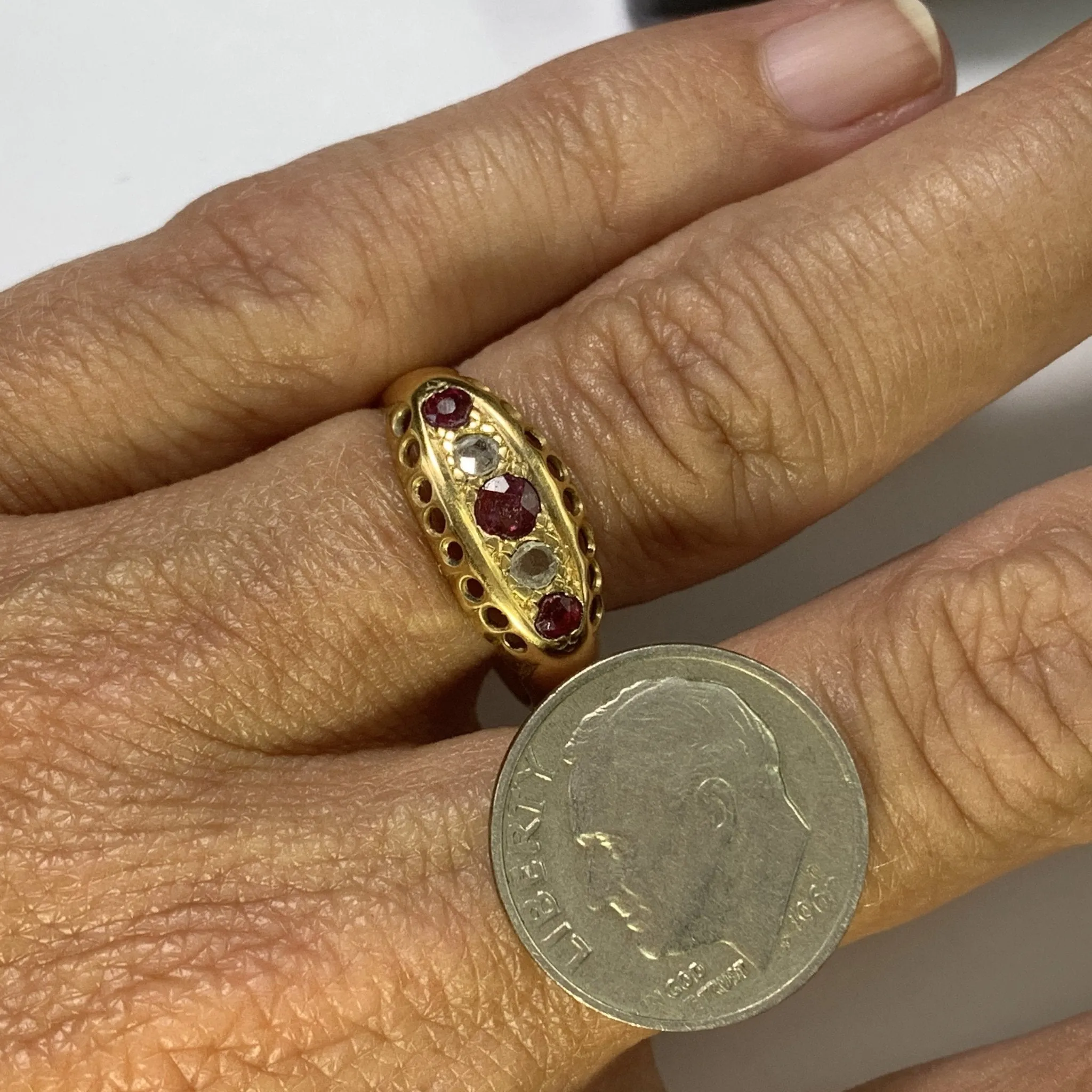 1890s Antique Spinel and Diamond Ring in 18k Yellow Gold. Unique Stacking or Wedding Ring.