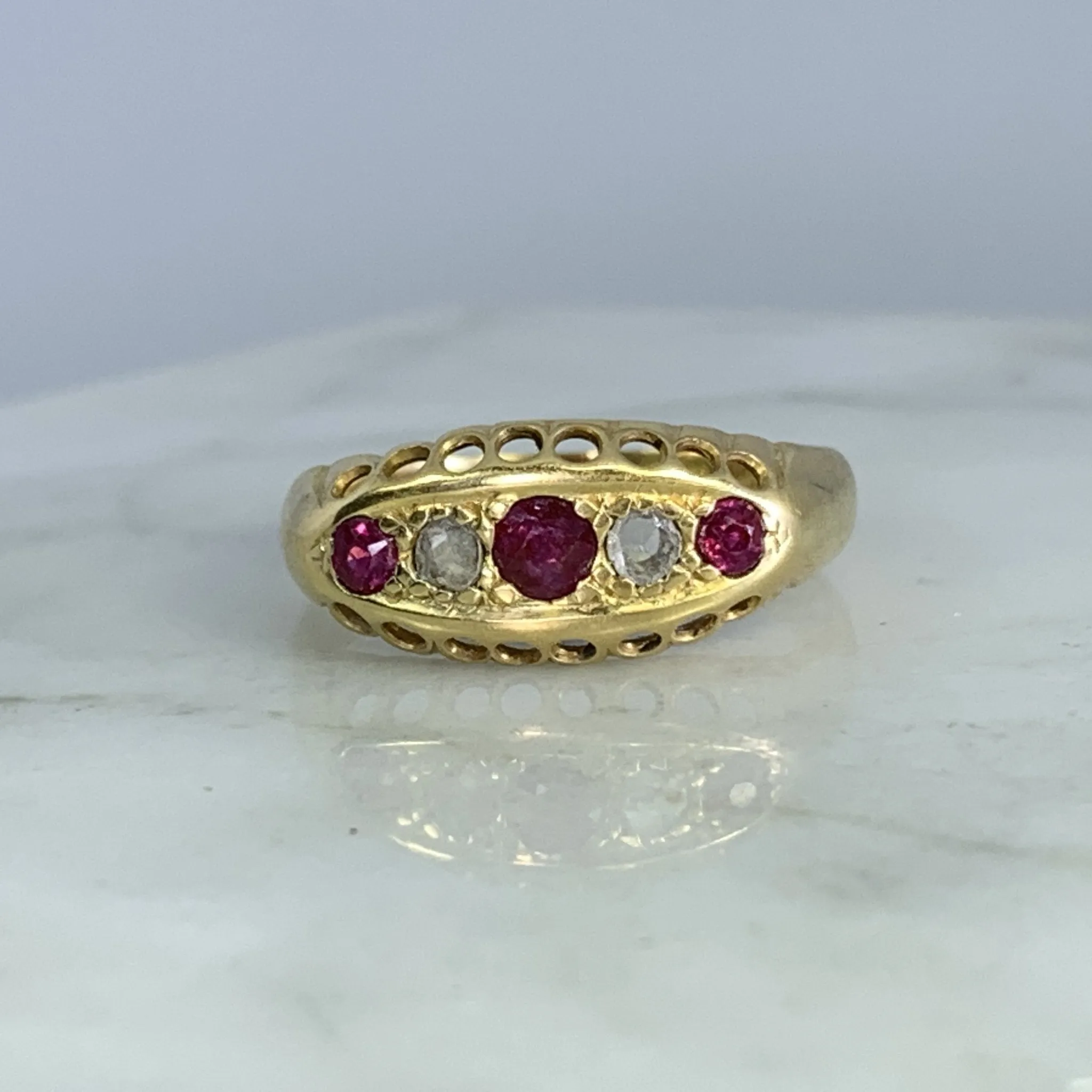 1890s Antique Spinel and Diamond Ring in 18k Yellow Gold. Unique Stacking or Wedding Ring.