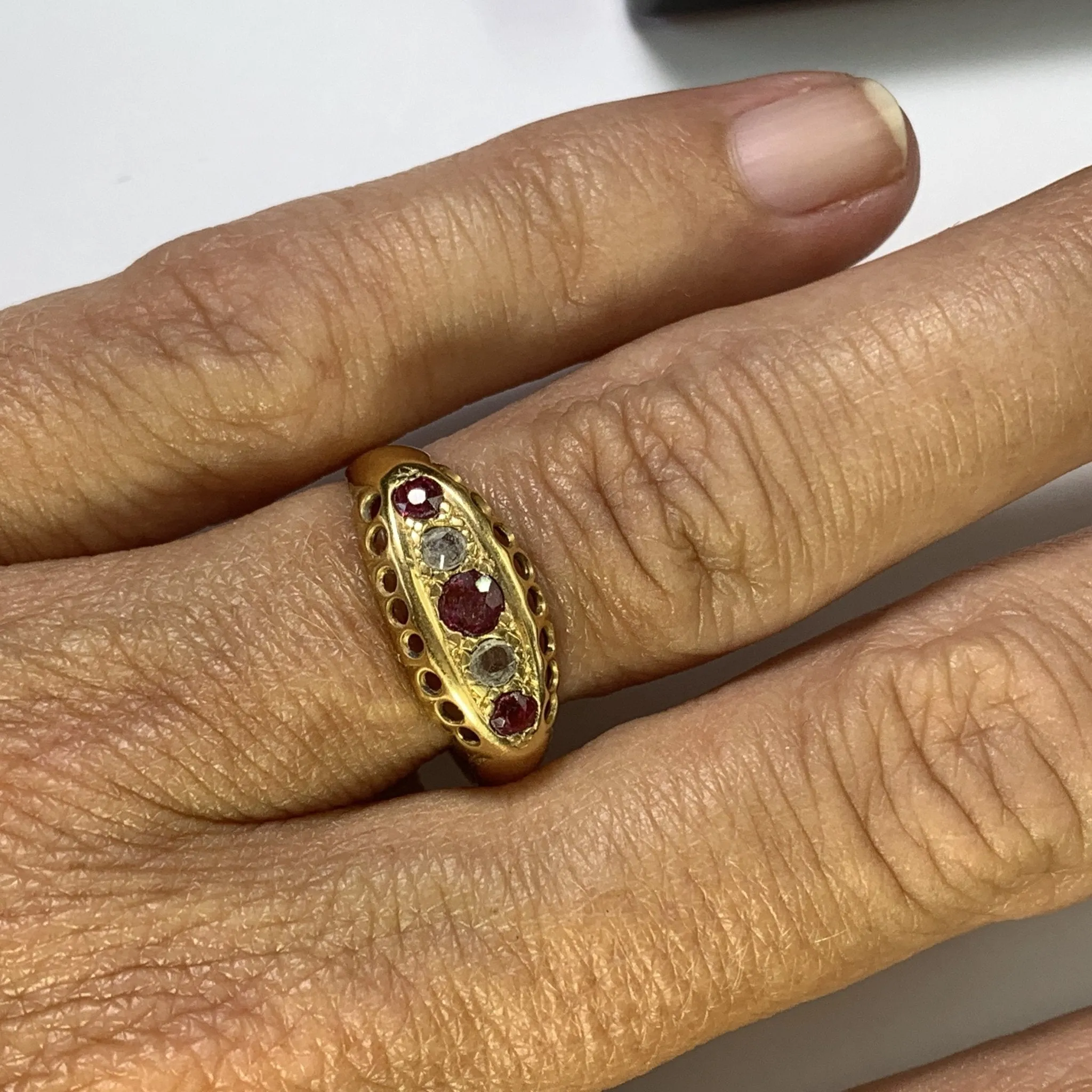 1890s Antique Spinel and Diamond Ring in 18k Yellow Gold. Unique Stacking or Wedding Ring.