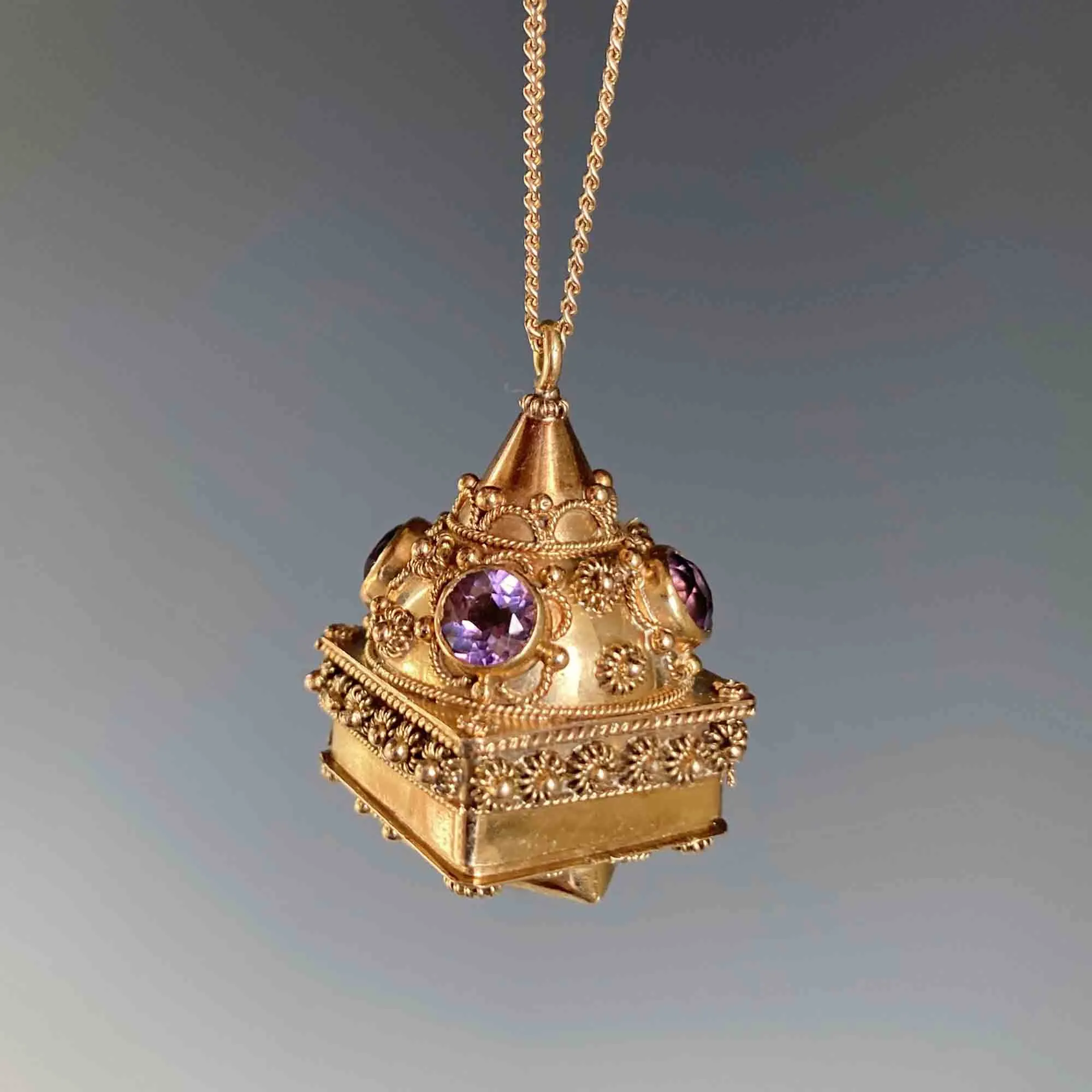 18K Gold Etruscan Revival Amethyst Heart Locket Necklace