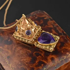 18K Gold Etruscan Revival Amethyst Heart Locket Necklace