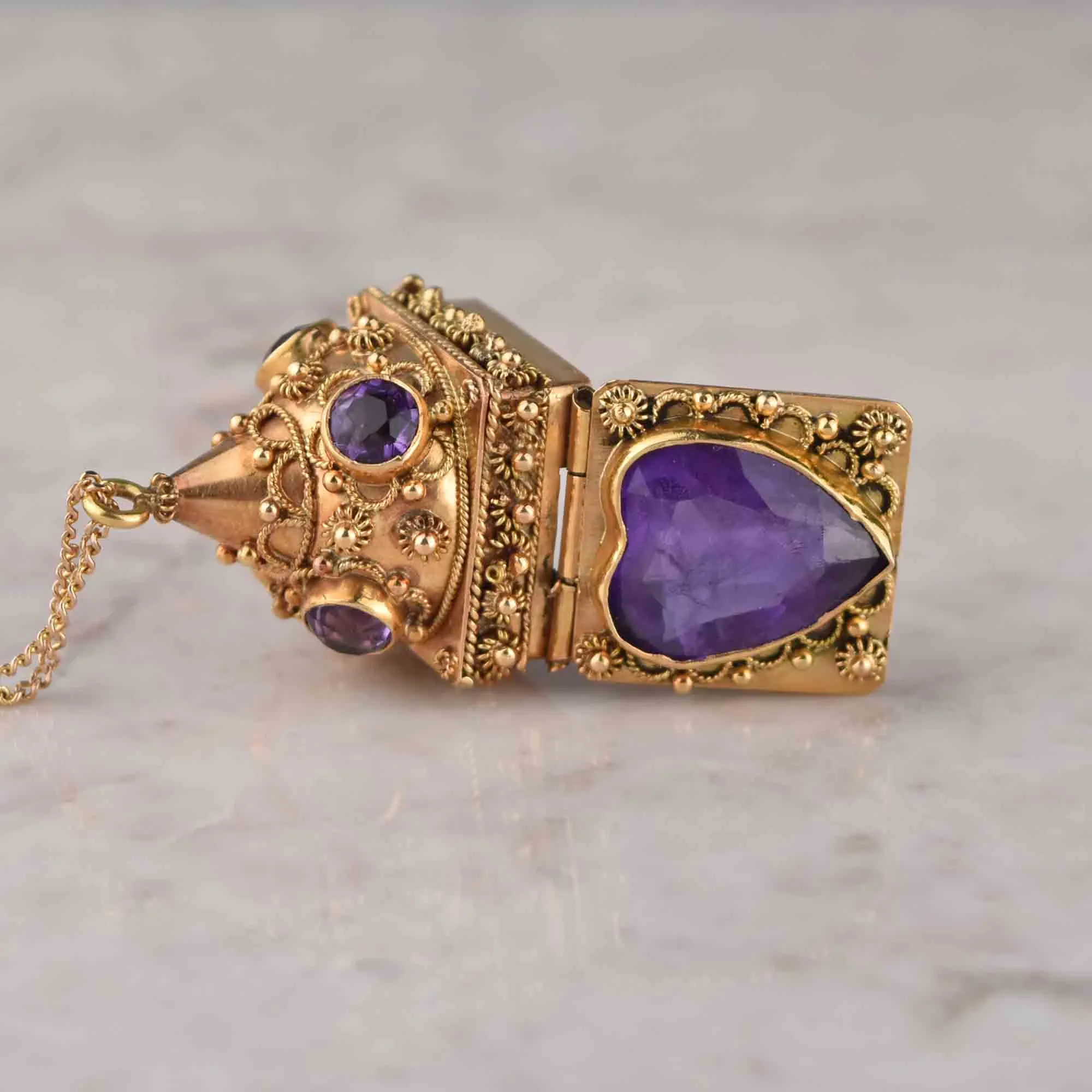 18K Gold Etruscan Revival Amethyst Heart Locket Necklace