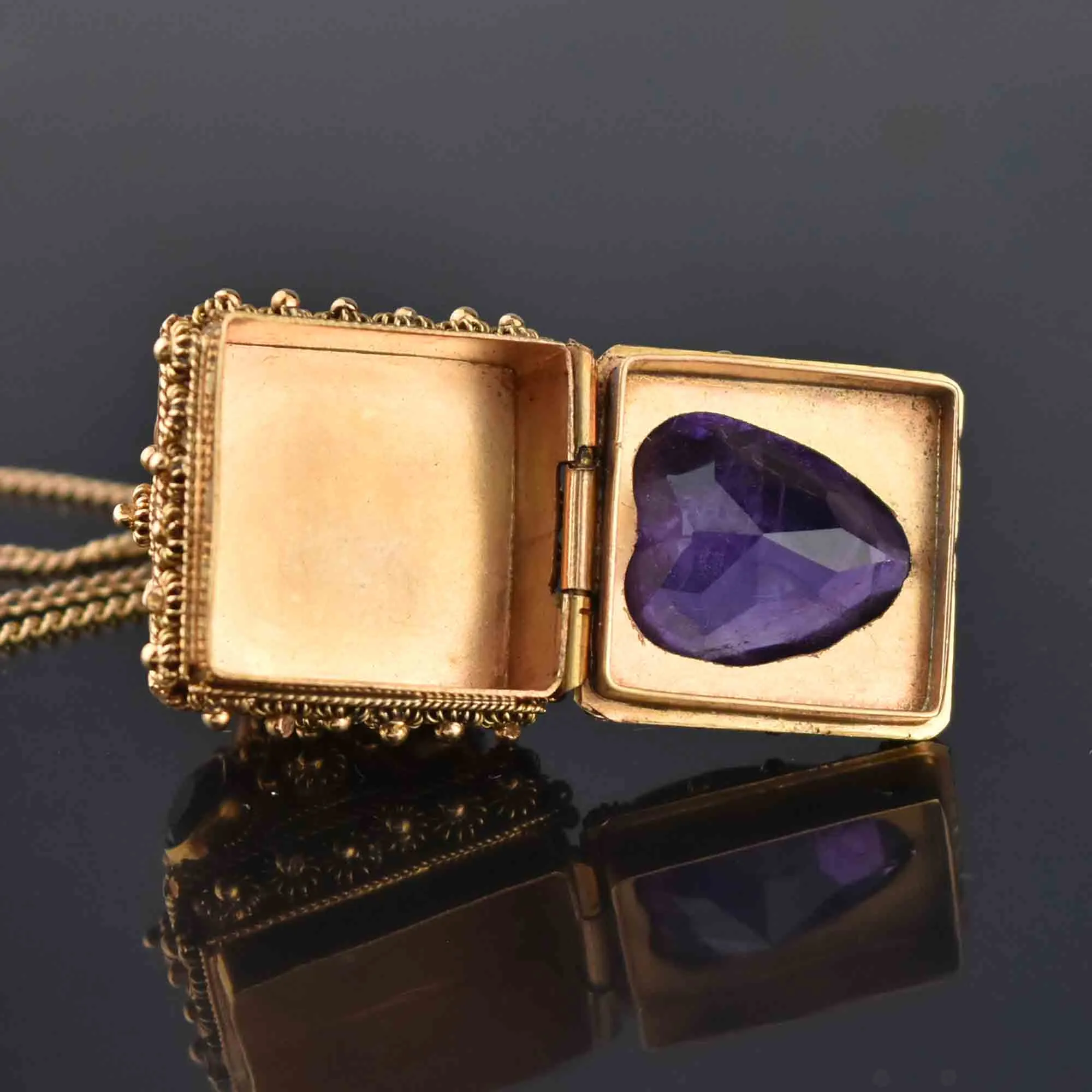 18K Gold Etruscan Revival Amethyst Heart Locket Necklace