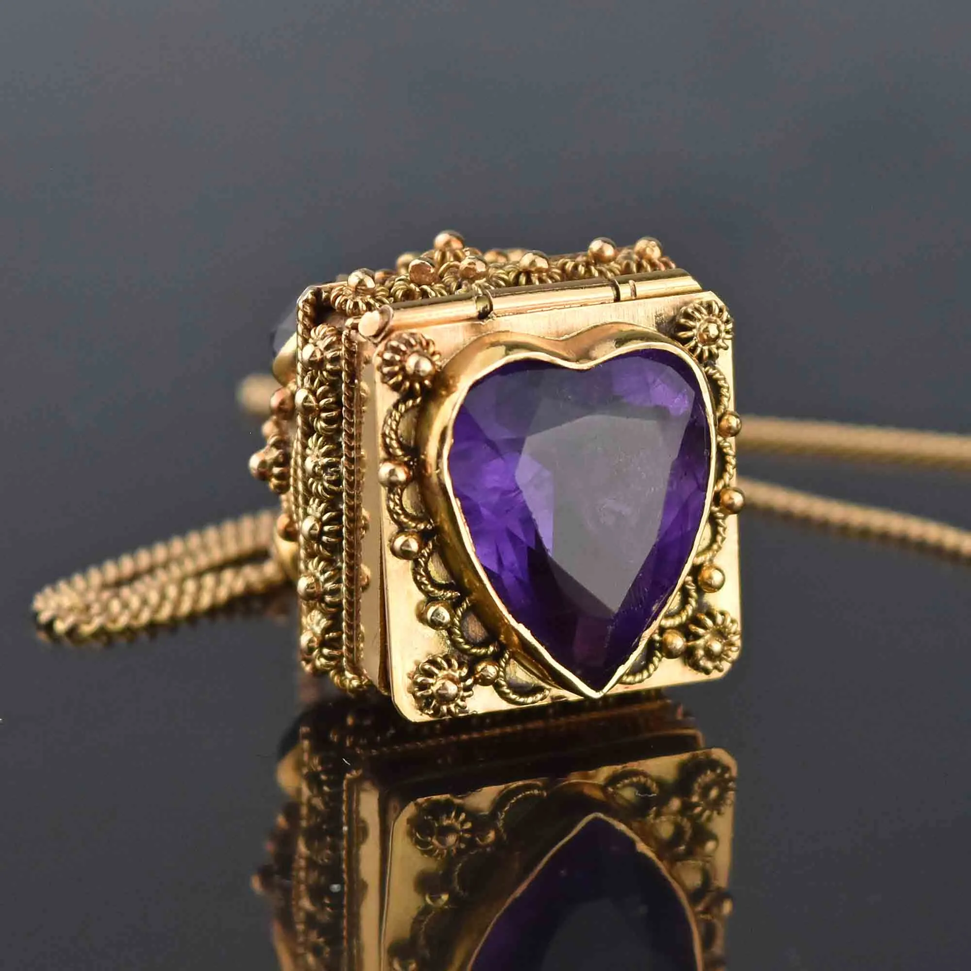 18K Gold Etruscan Revival Amethyst Heart Locket Necklace