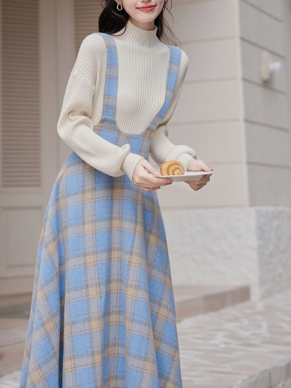 2PS Blue Sweater With Vinatge Blue Plaid Suspender 1950S Dress