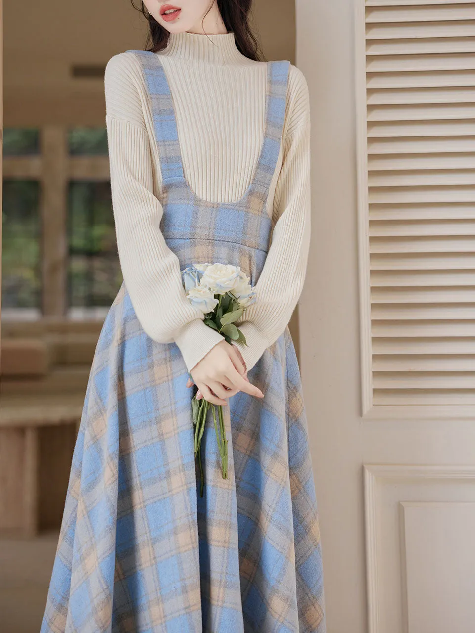 2PS Blue Sweater With Vinatge Blue Plaid Suspender 1950S Dress