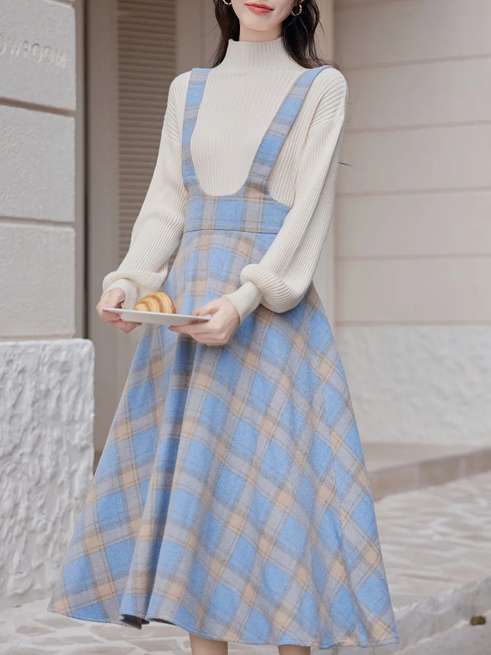 2PS Blue Sweater With Vinatge Blue Plaid Suspender 1950S Dress