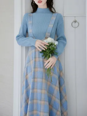 2PS Blue Sweater With Vinatge Blue Plaid Suspender 1950S Dress