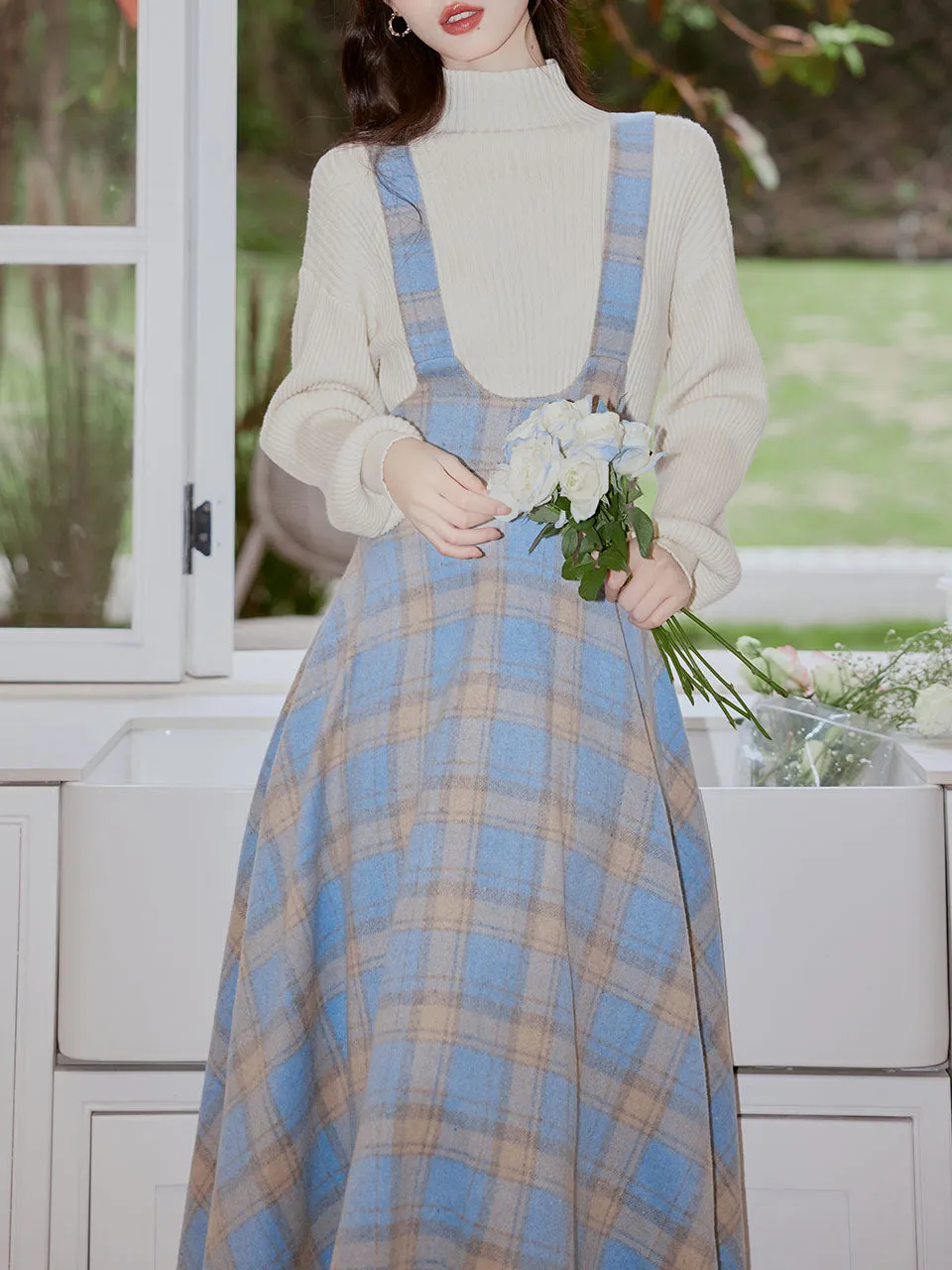 2PS Blue Sweater With Vinatge Blue Plaid Suspender 1950S Dress