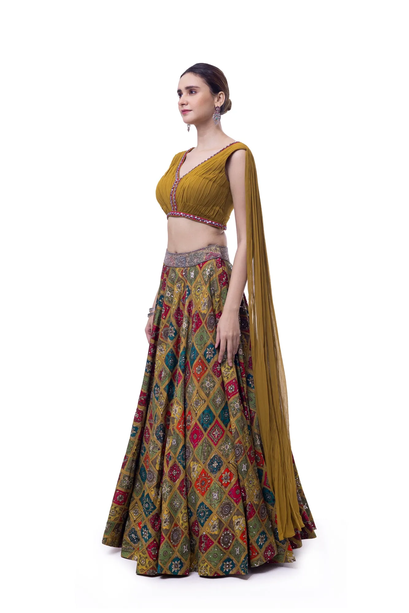 30Z353-RO Mustard Georgette Silk Skirt with Pleated Top