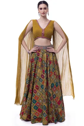 30Z353-RO Mustard Georgette Silk Skirt with Pleated Top