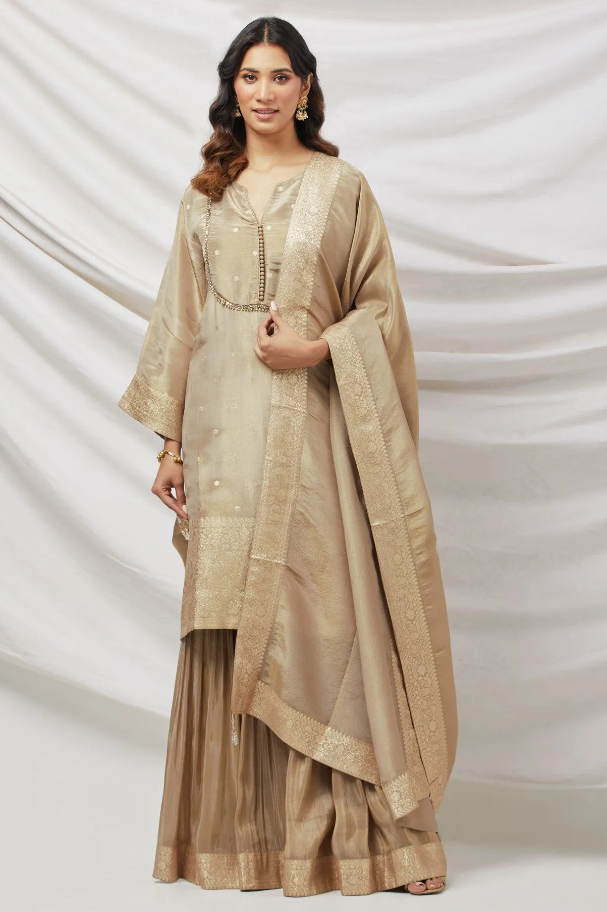 50Z889-RO Beige Embroidered Banarasi Suit Set