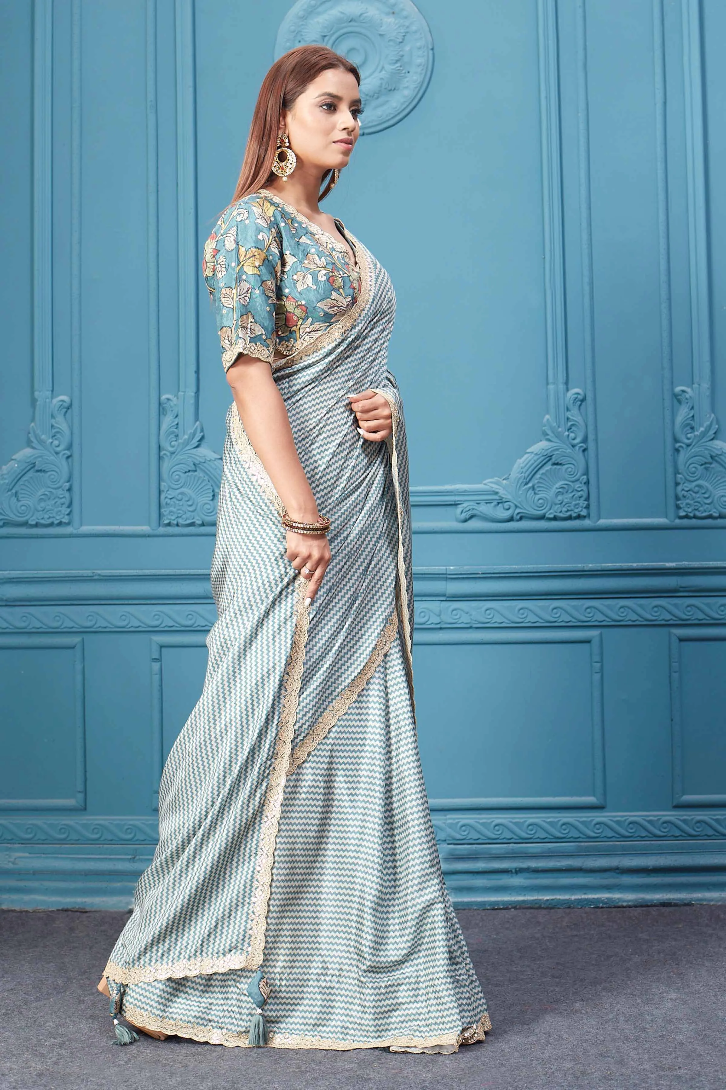 91A069 Blue Chevron Satin Silk Saree with Kalamkari Embroidered Blouse