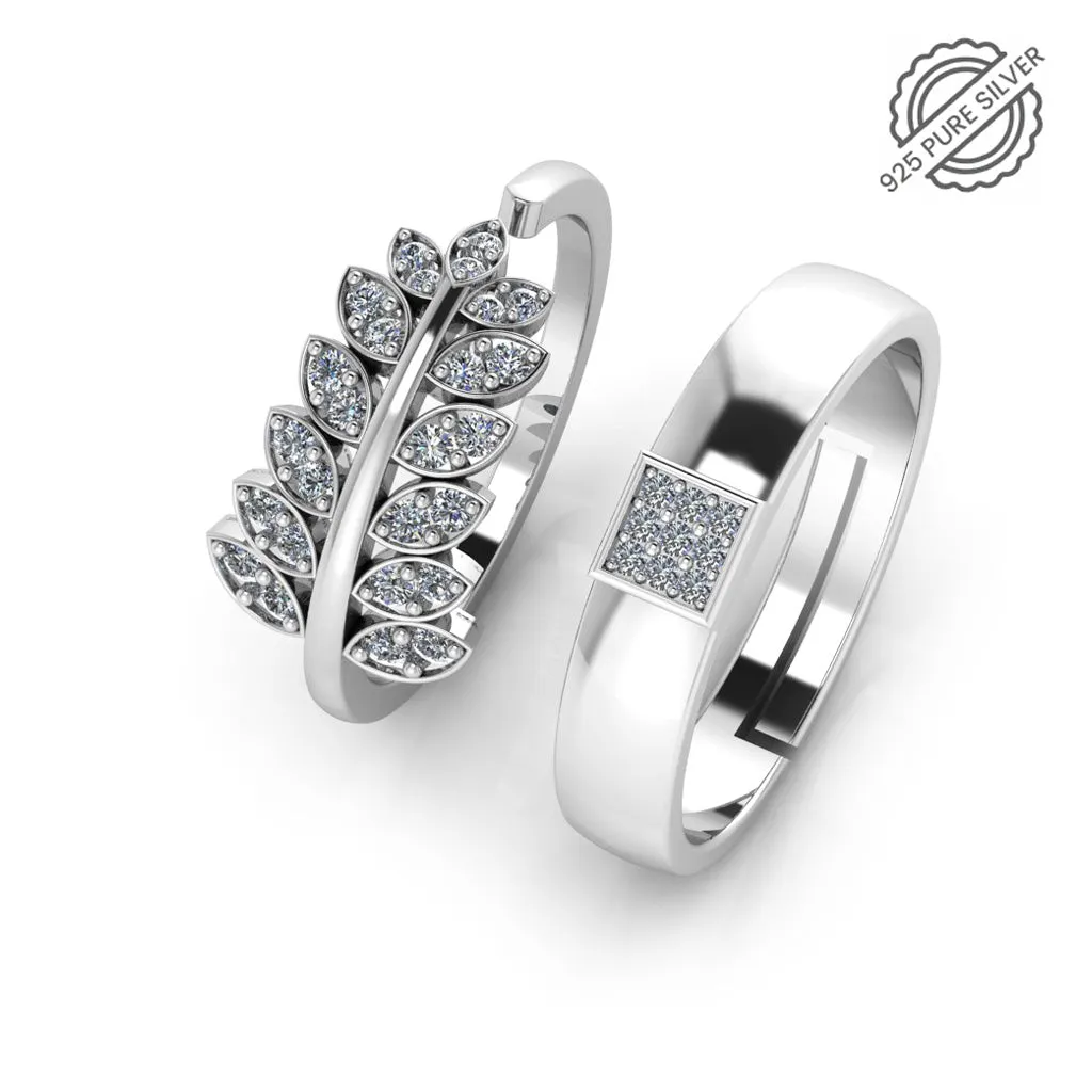 925 Pure Starling Silver Leaf Shape Zircon Studded Freesize and Classy Status Special Couple's Ring