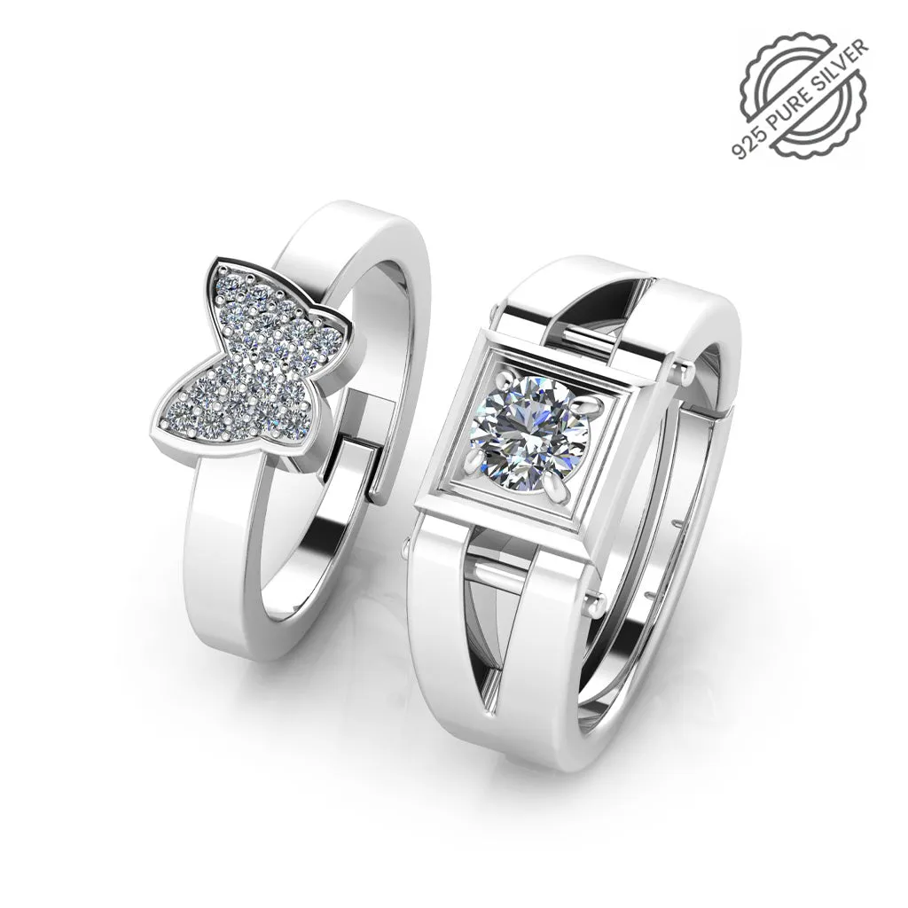 925 Pure Sterling Silver Diamond Studded Freesize Butterfly and Stardom Mens Couple's Ring