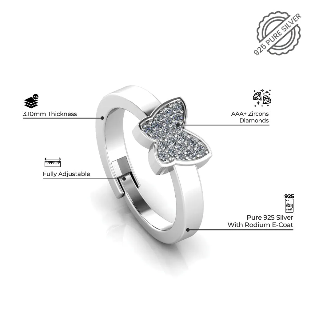 925 Pure Sterling Silver Diamond Studded Freesize Butterfly and Stardom Mens Couple's Ring