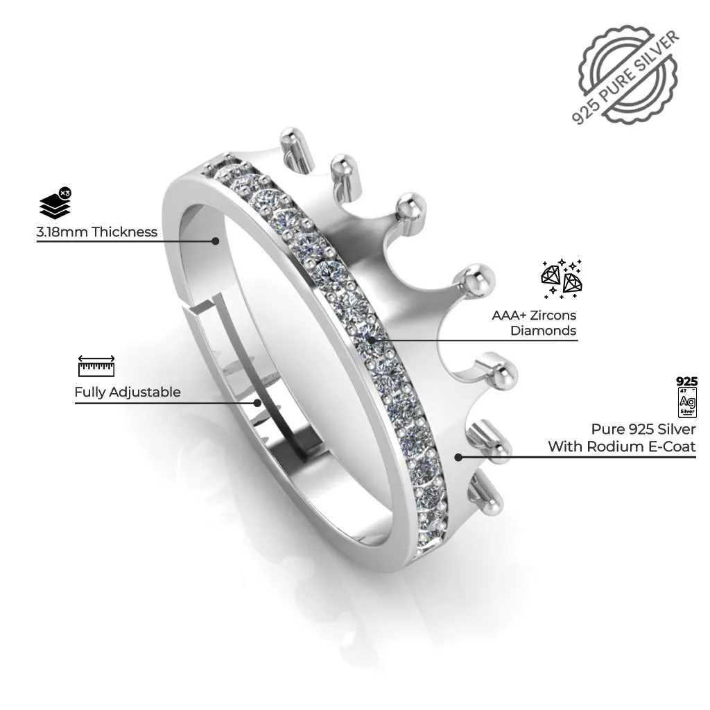 925 Pure Sterling Silver Zircon Embellished Crown and Stardom Mens Couple's Ring