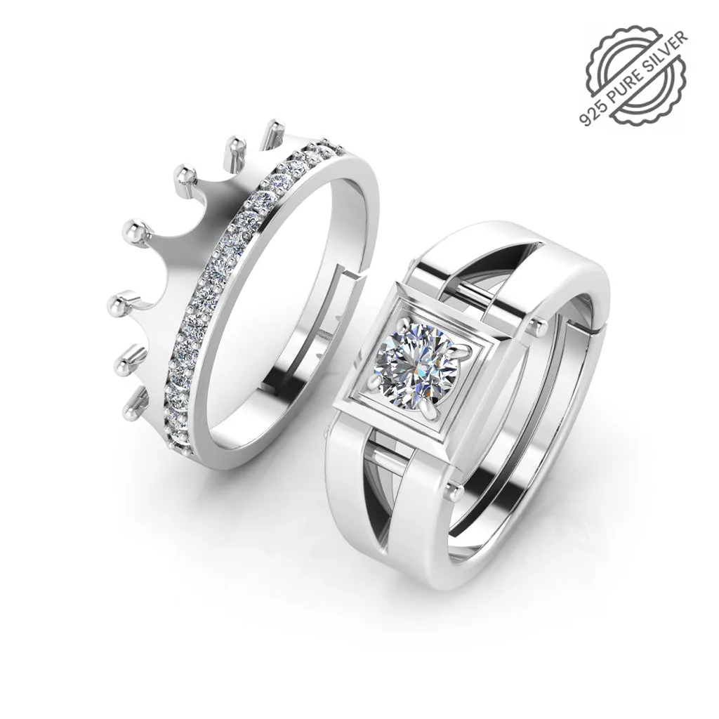 925 Pure Sterling Silver Zircon Embellished Crown and Stardom Mens Couple's Ring