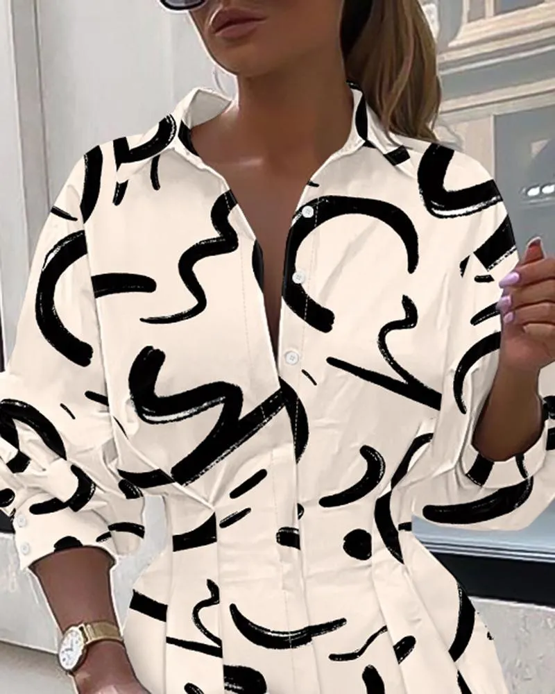 Abstract Print Buttoned Shirt Dress