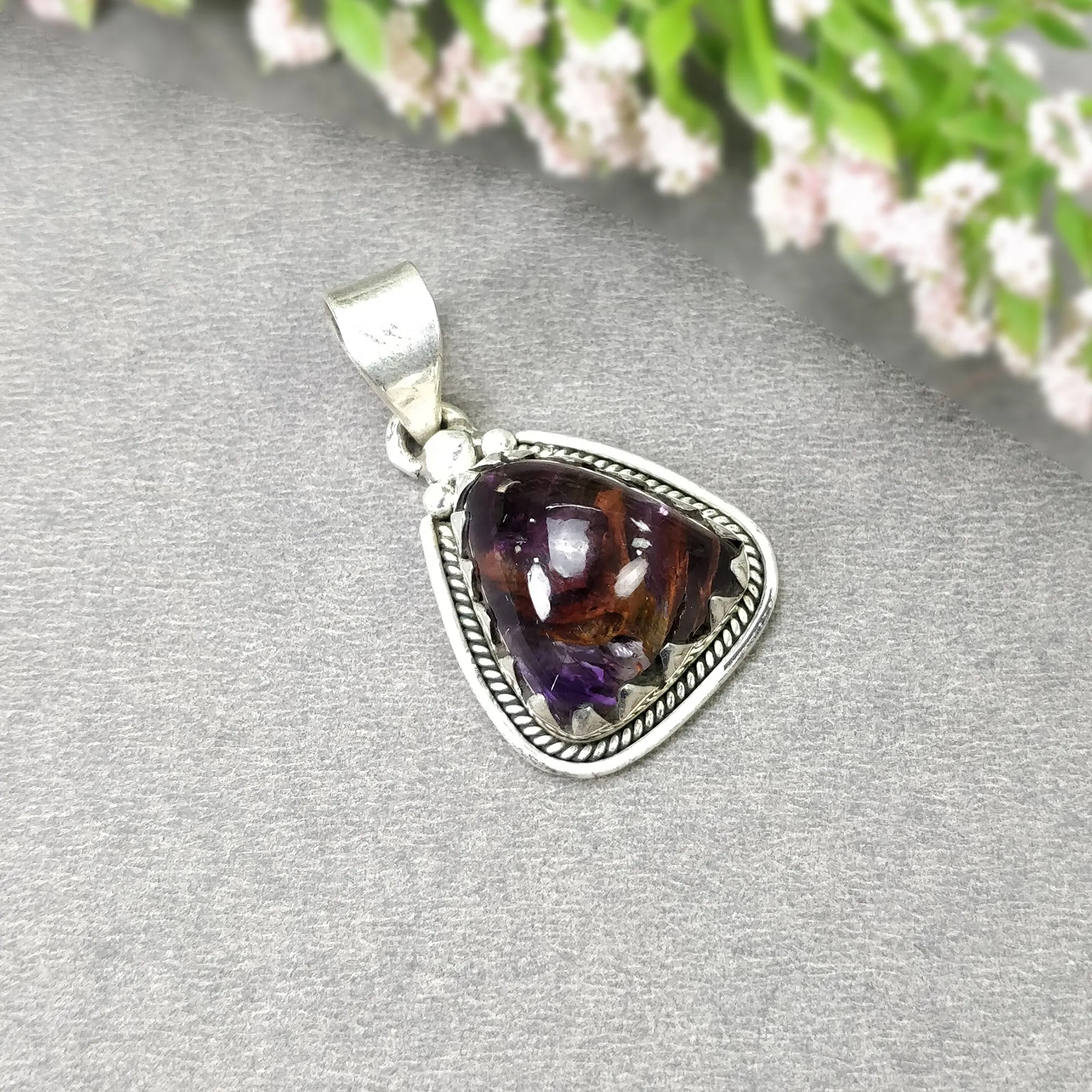 AMETHYST Gemstone 925 Sterling Silver Pendant : 7.42gms Natural Untreated Purple Amethyst Cabochon Bezel Set Pendant 1.5"