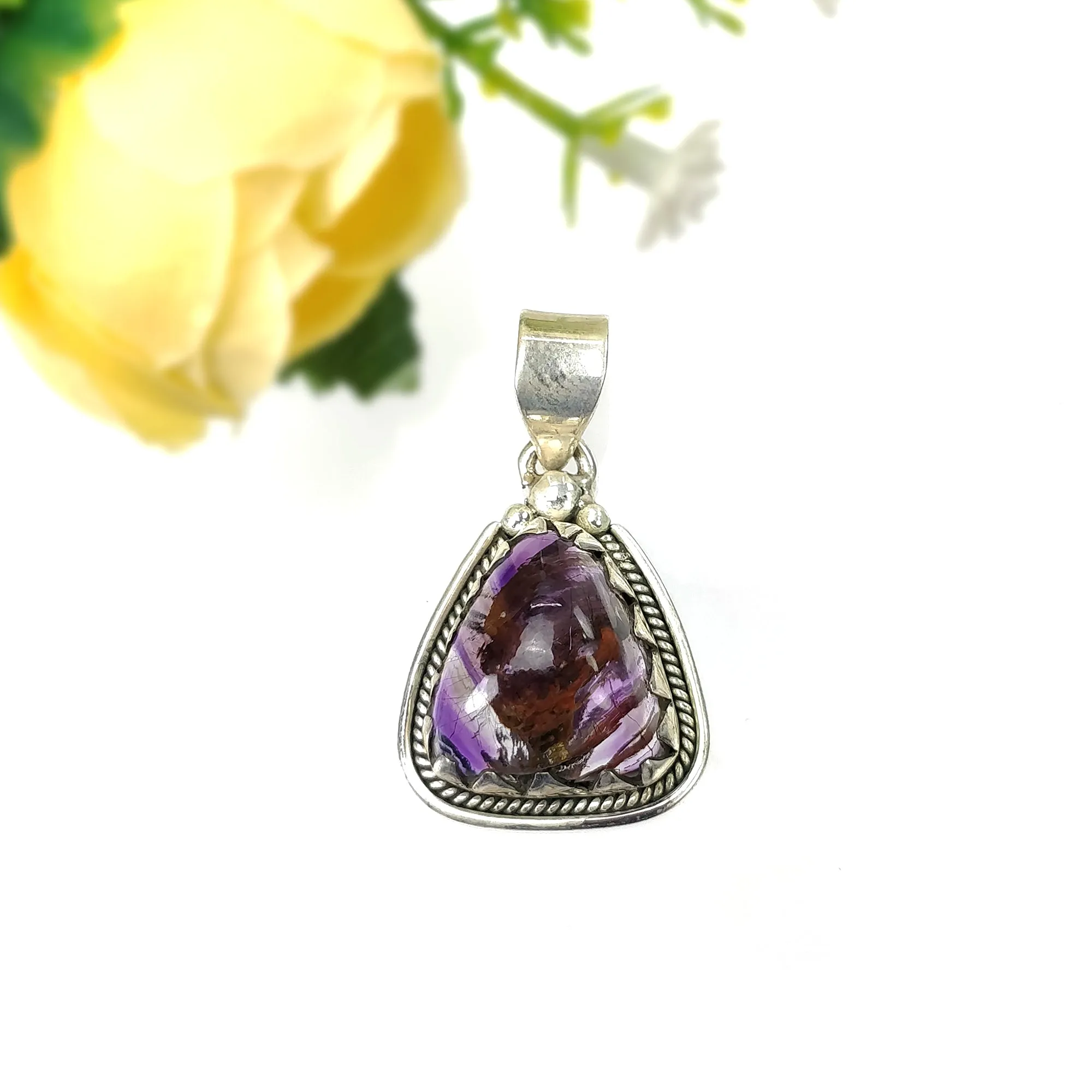 AMETHYST Gemstone 925 Sterling Silver Pendant : 7.42gms Natural Untreated Purple Amethyst Cabochon Bezel Set Pendant 1.5"