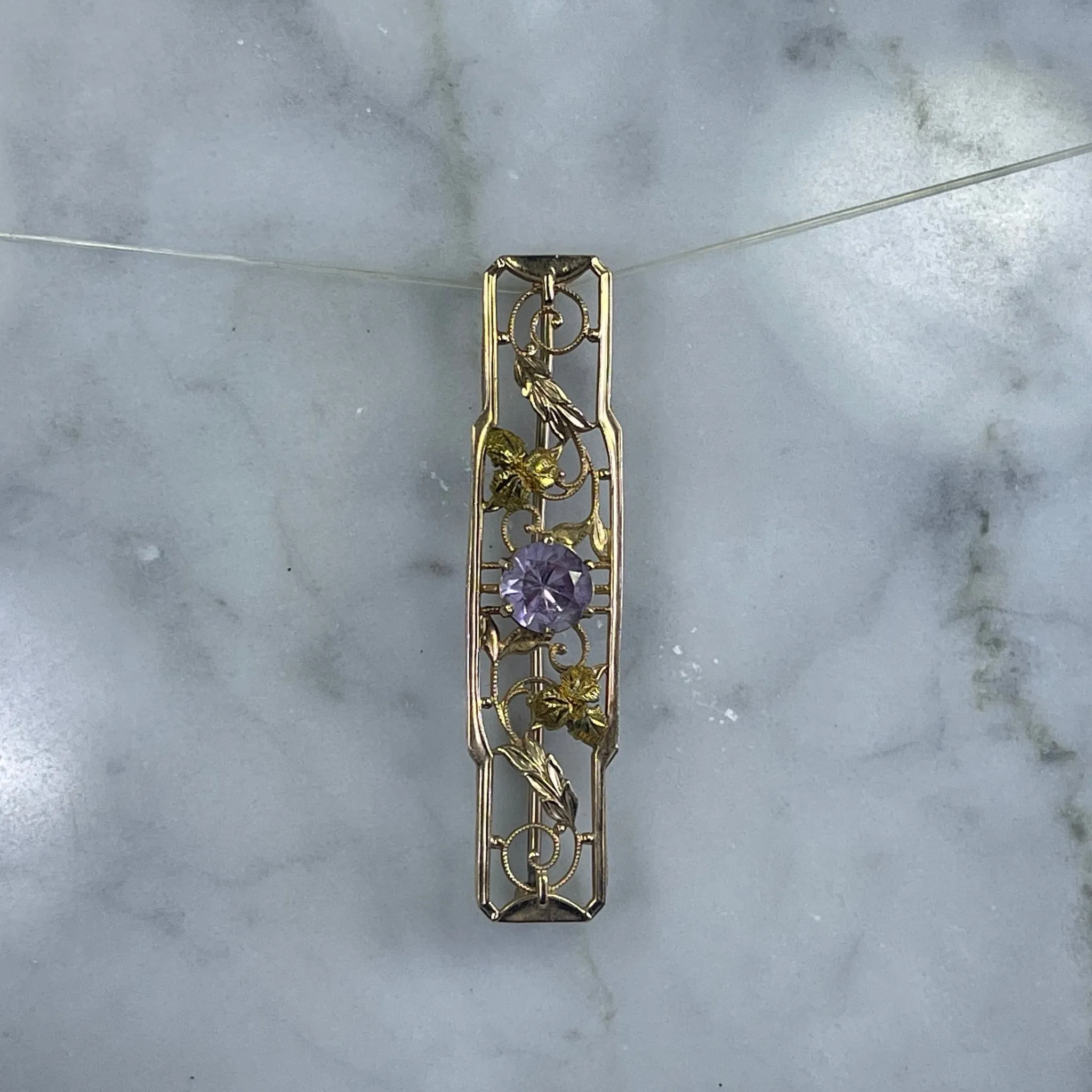 Antique Amethyst Brooch or Bar Pendant in 14K Yellow Gold. Repurposed Jewelry. January