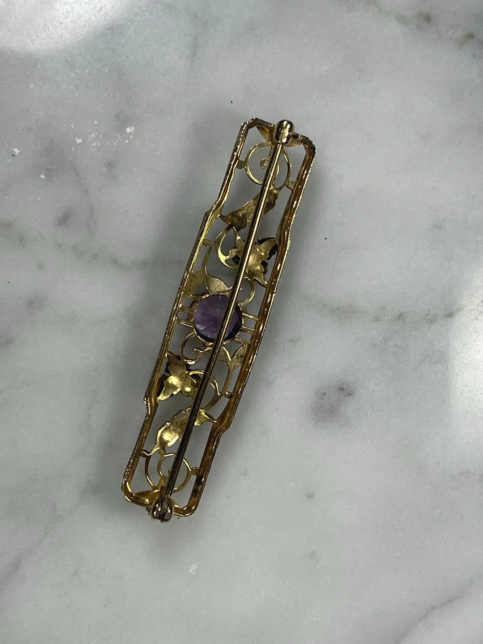 Antique Amethyst Brooch or Bar Pendant in 14K Yellow Gold. Repurposed Jewelry. January