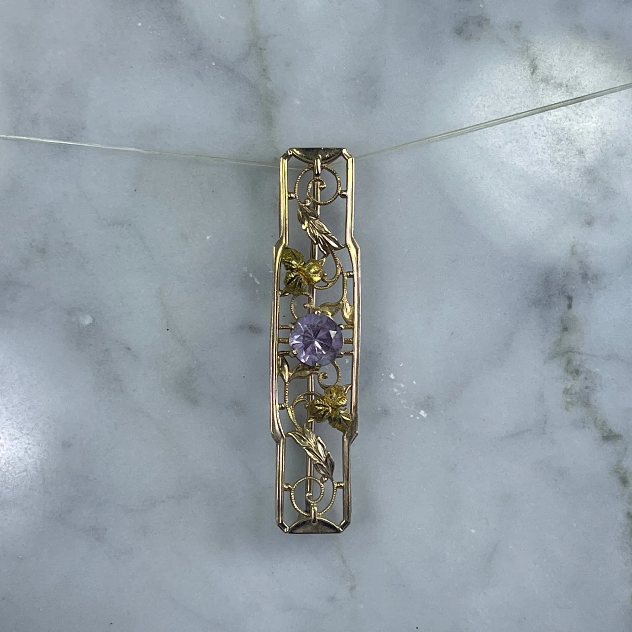 Antique Amethyst Brooch or Bar Pendant in 14K Yellow Gold. Repurposed Jewelry. January