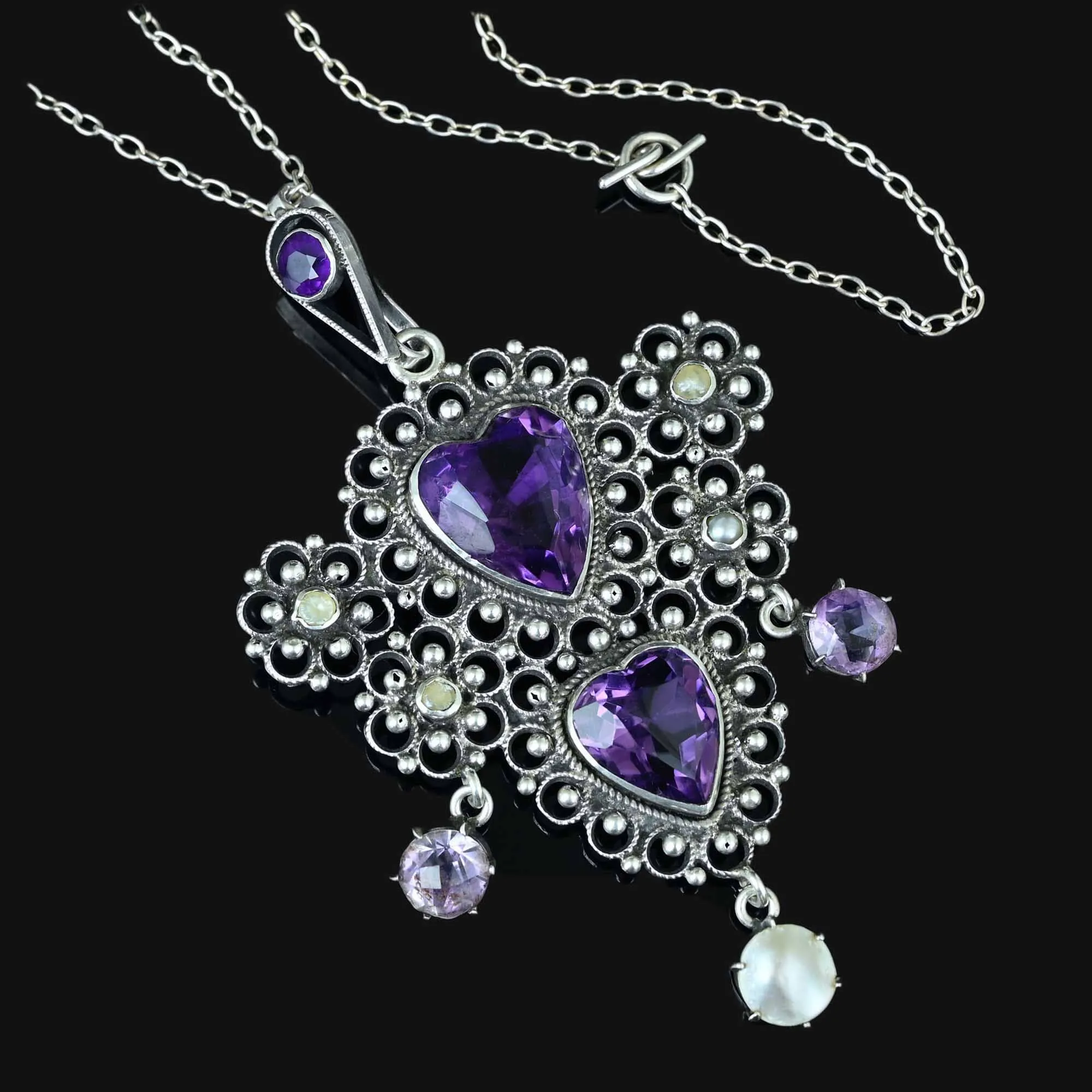 Antique Silver Filigree Pearl Amethyst Heart Necklace