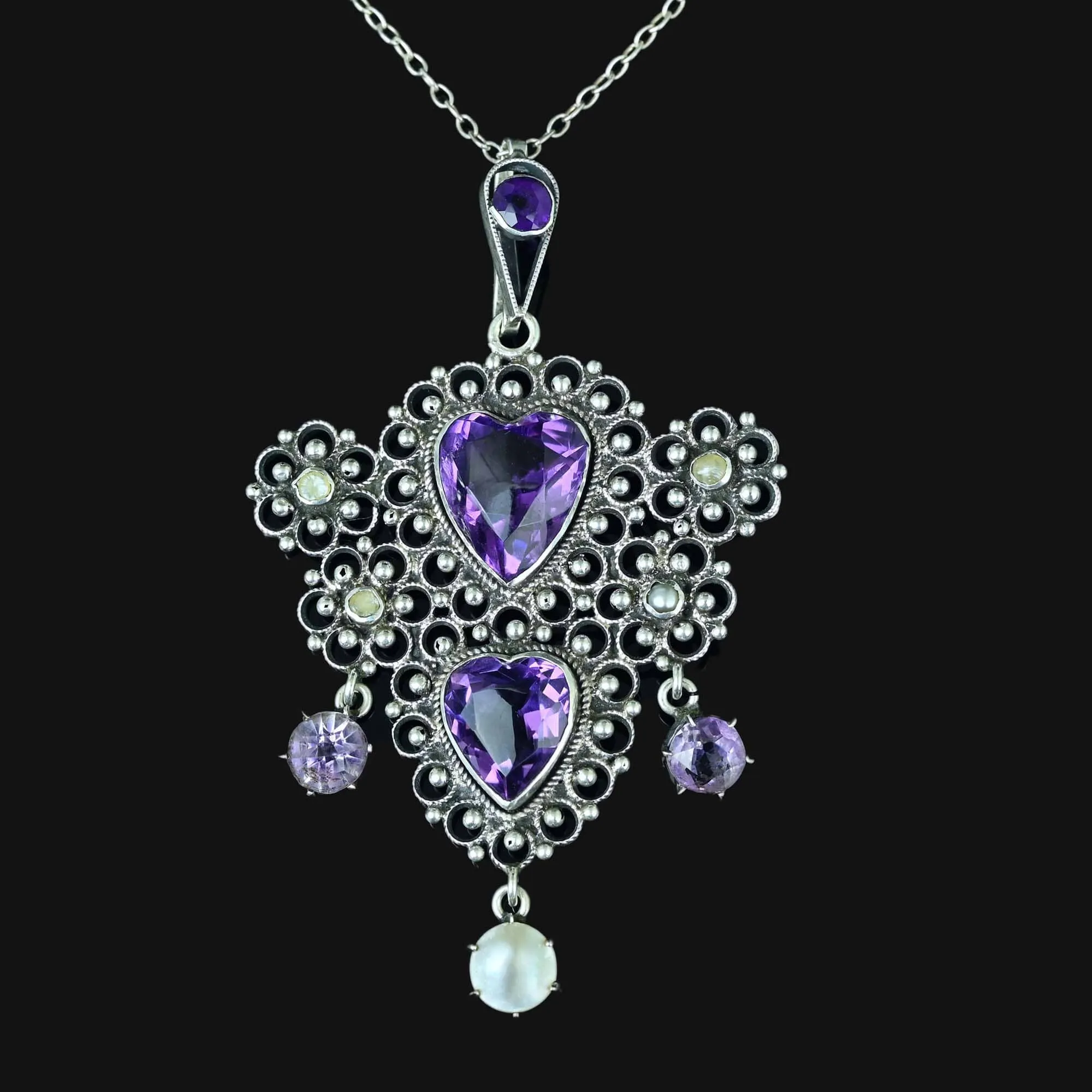 Antique Silver Filigree Pearl Amethyst Heart Necklace