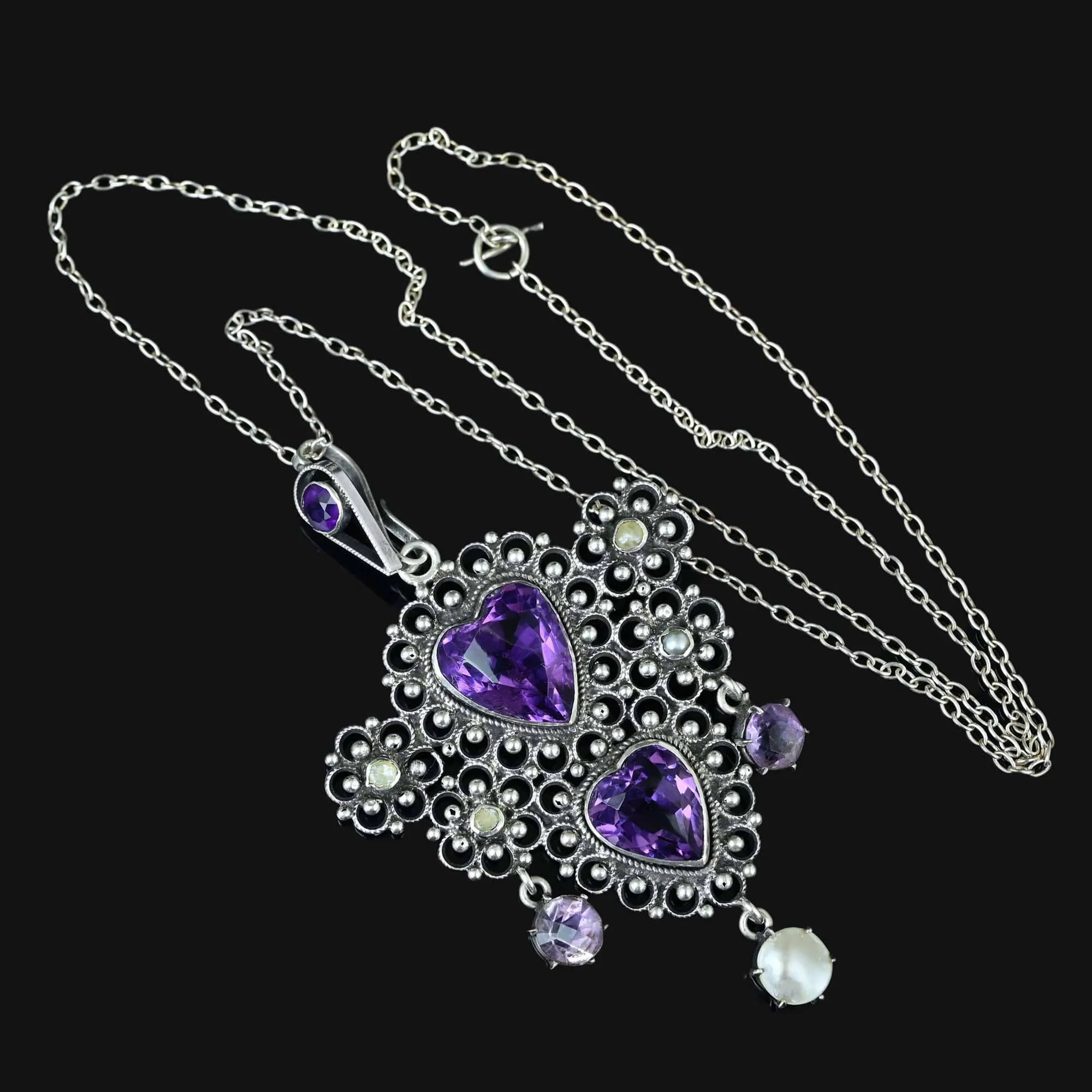 Antique Silver Filigree Pearl Amethyst Heart Necklace