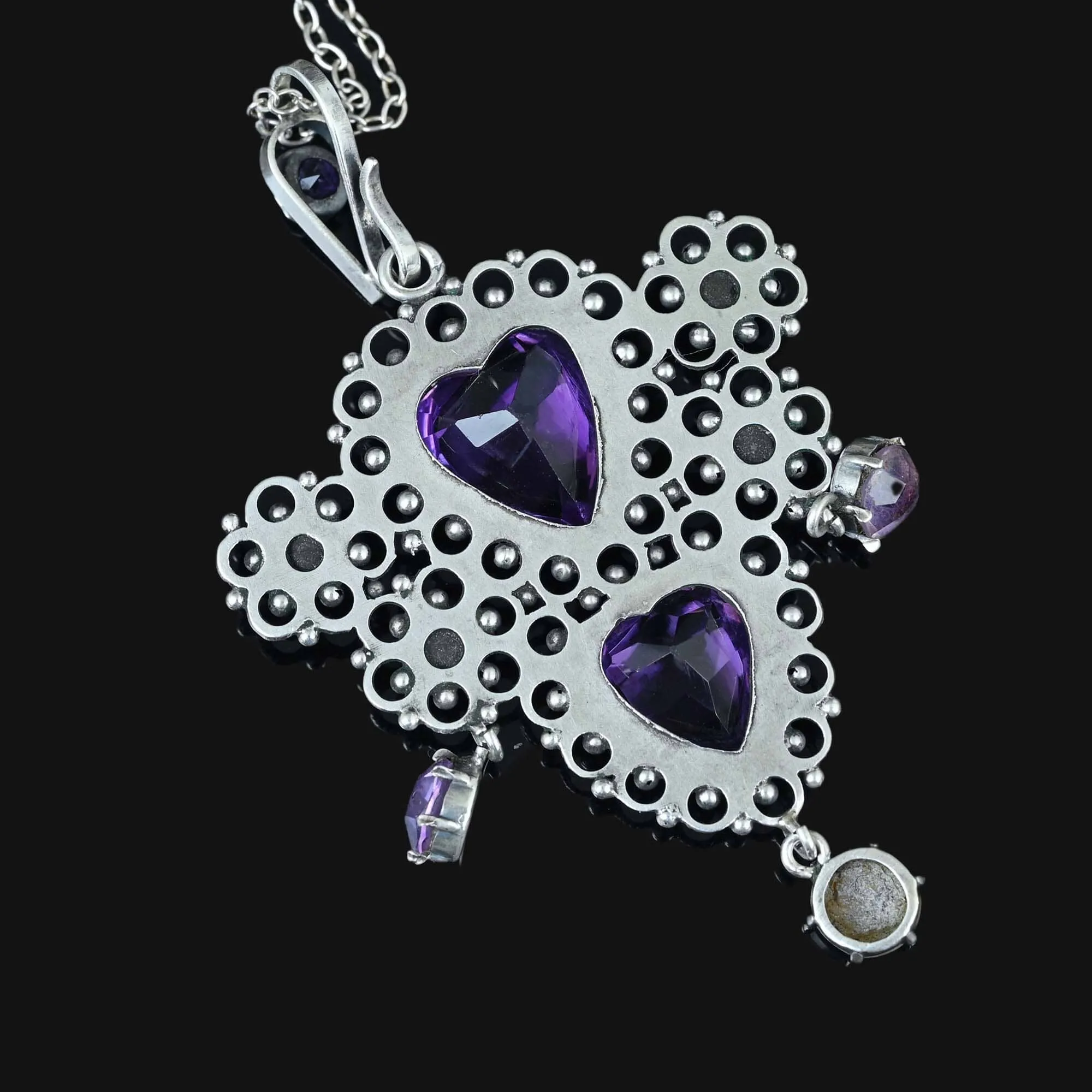 Antique Silver Filigree Pearl Amethyst Heart Necklace