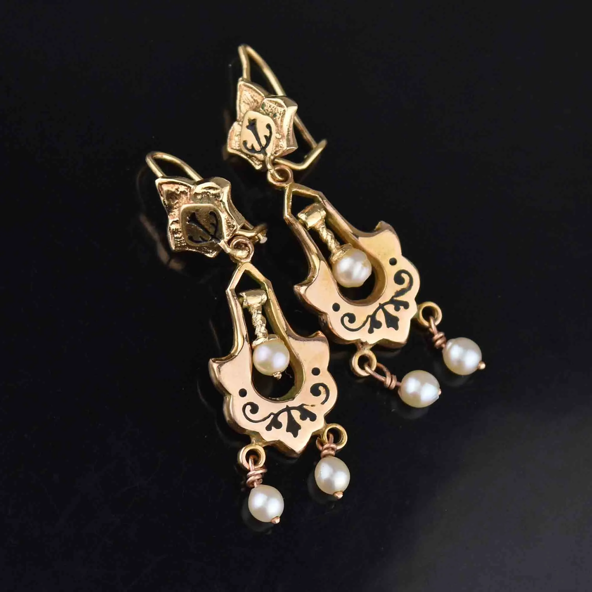 Antique Victorian 14K Gold Enamel Tracery Pearl Earrings