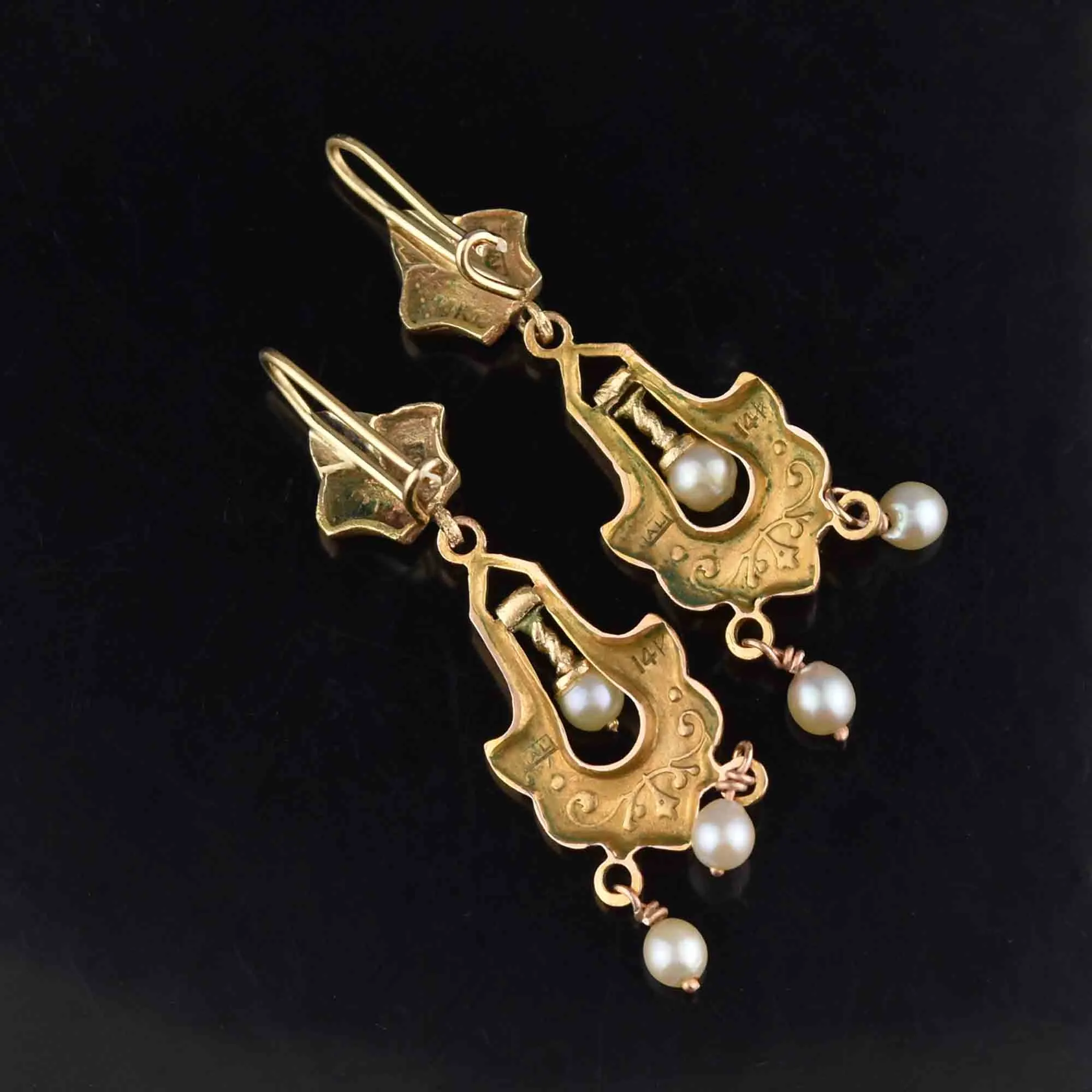 Antique Victorian 14K Gold Enamel Tracery Pearl Earrings