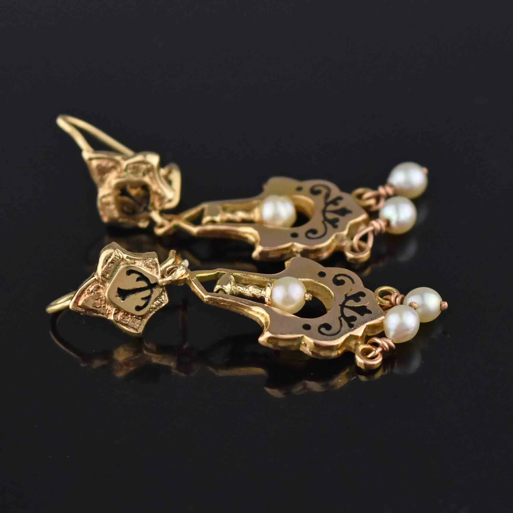 Antique Victorian 14K Gold Enamel Tracery Pearl Earrings