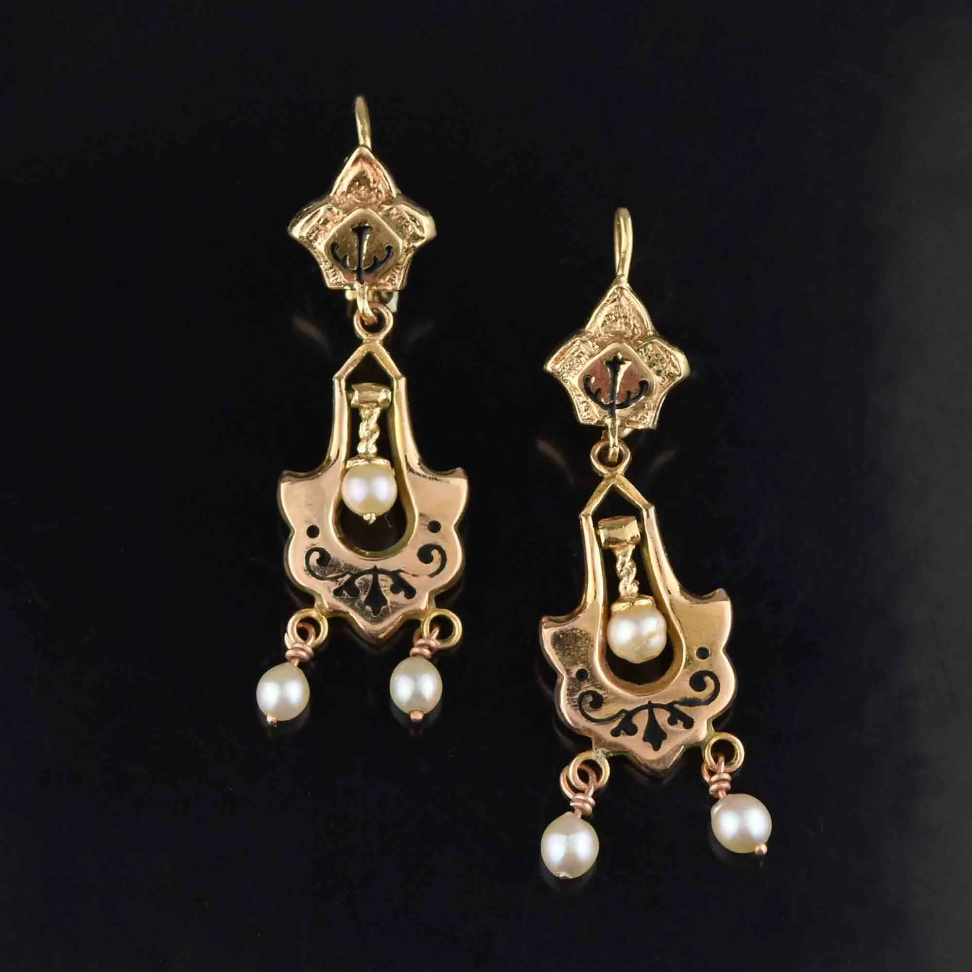 Antique Victorian 14K Gold Enamel Tracery Pearl Earrings