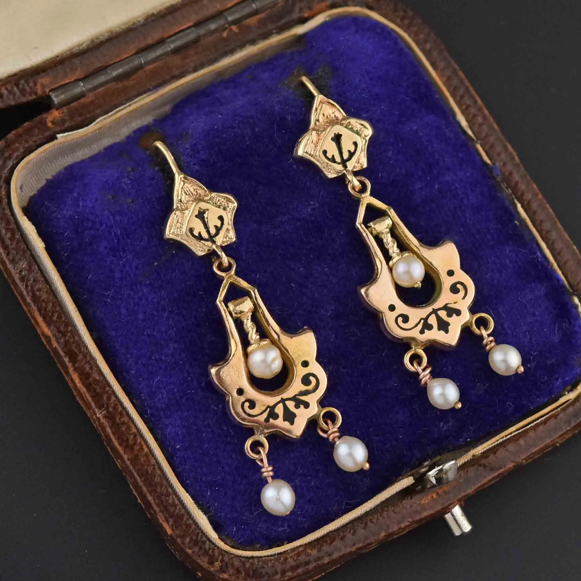 Antique Victorian 14K Gold Enamel Tracery Pearl Earrings