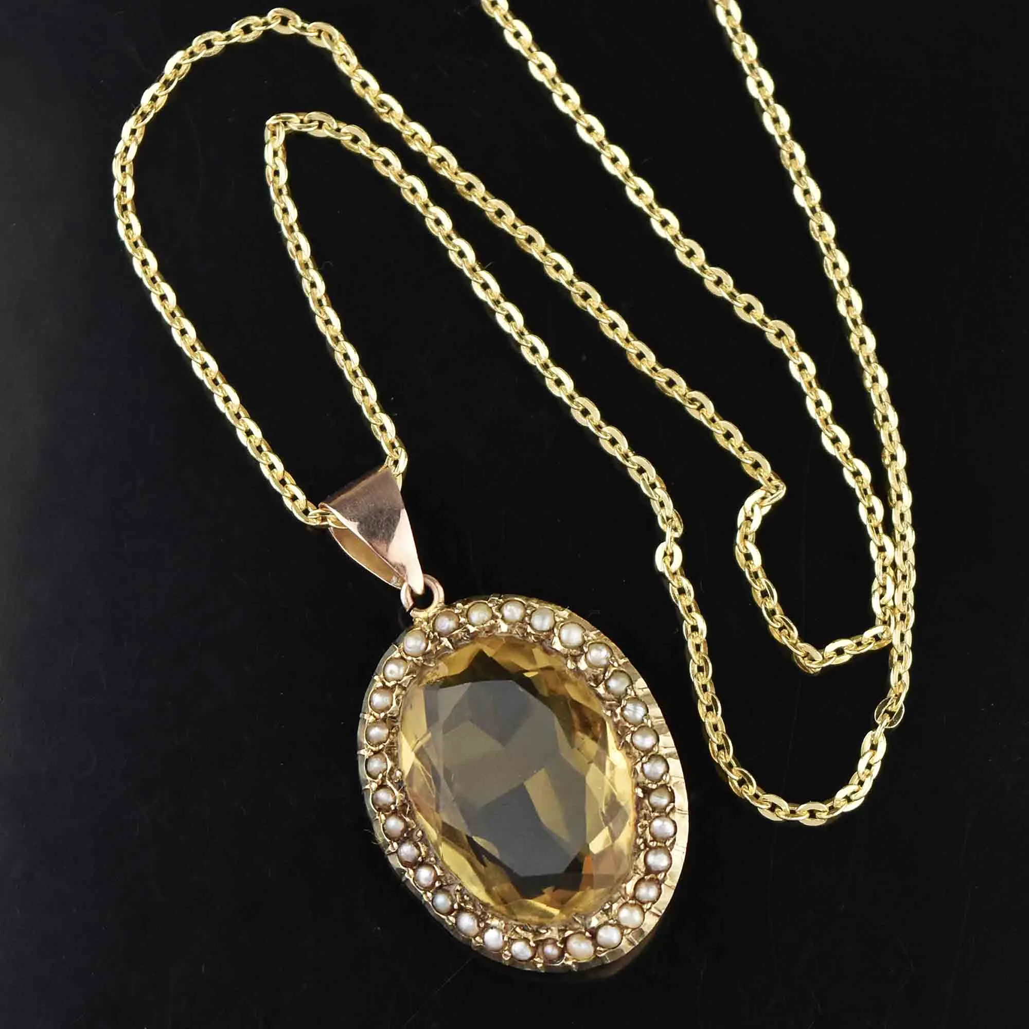 Antique Victorian Pearl Halo Citrine Pendant Necklace