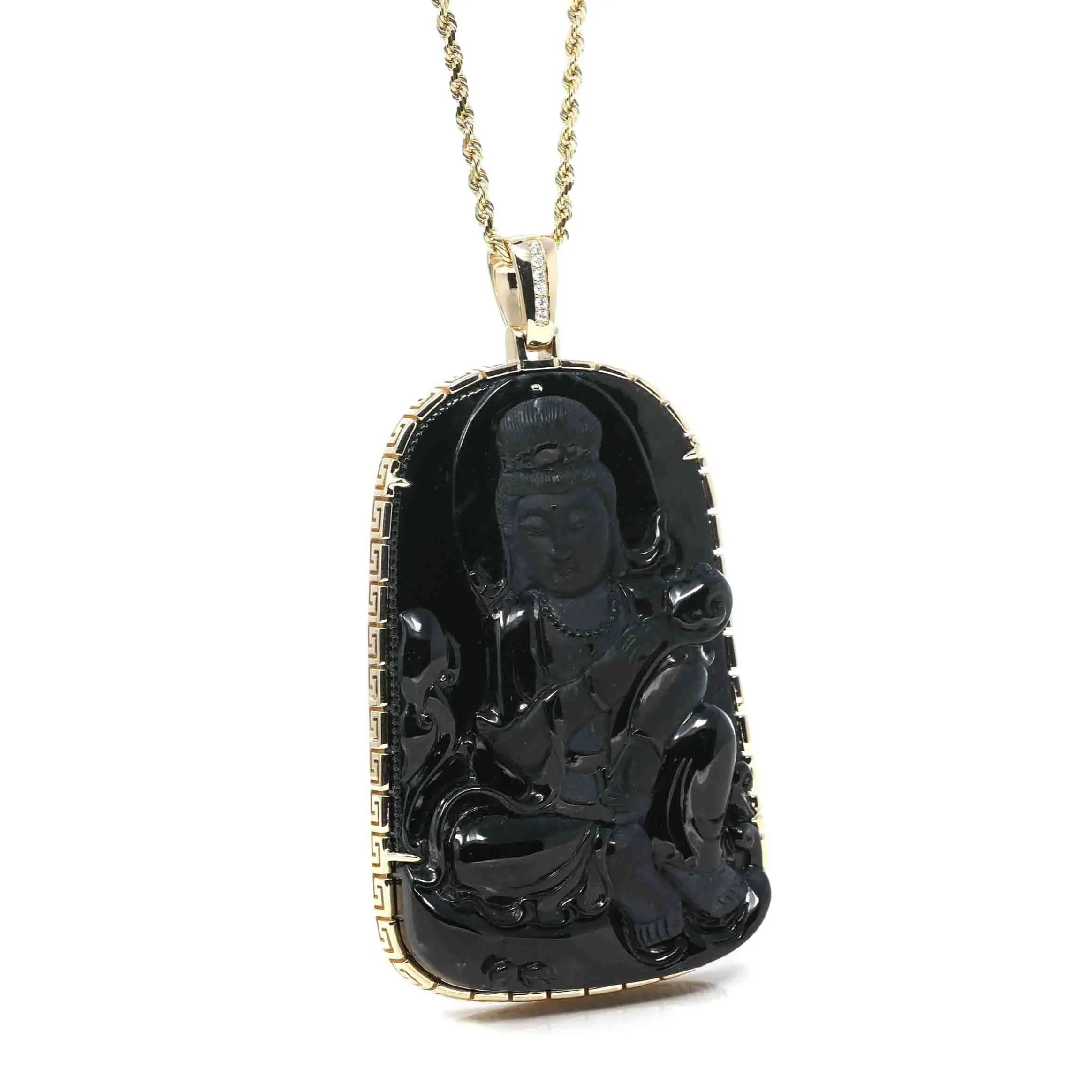 Baikalla 14k Yellow Gold "Goddess of Compassion" Genuine Black Burmese Jadeite Jade Guanyin Necklace With Gold Bail