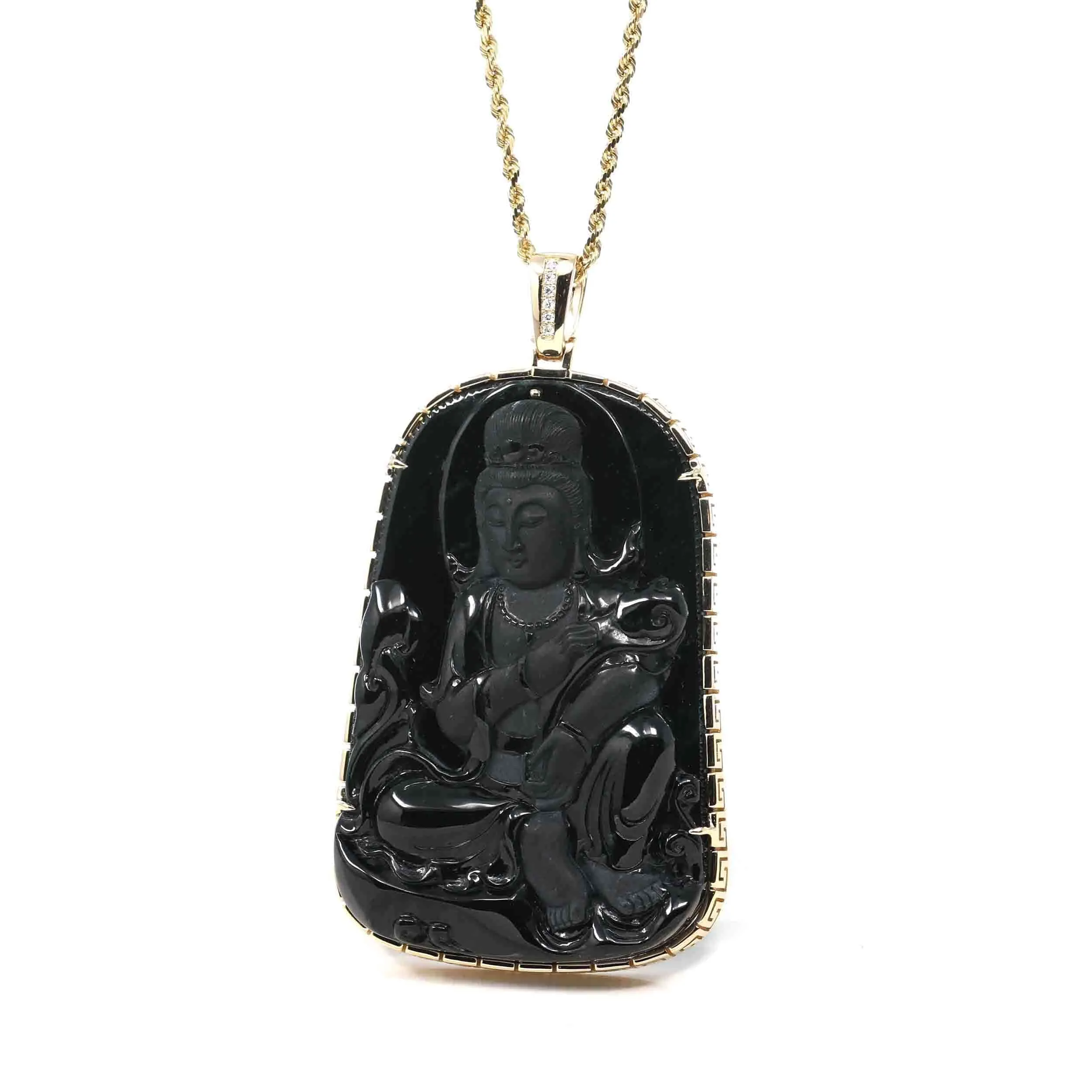 Baikalla 14k Yellow Gold "Goddess of Compassion" Genuine Black Burmese Jadeite Jade Guanyin Necklace With Gold Bail