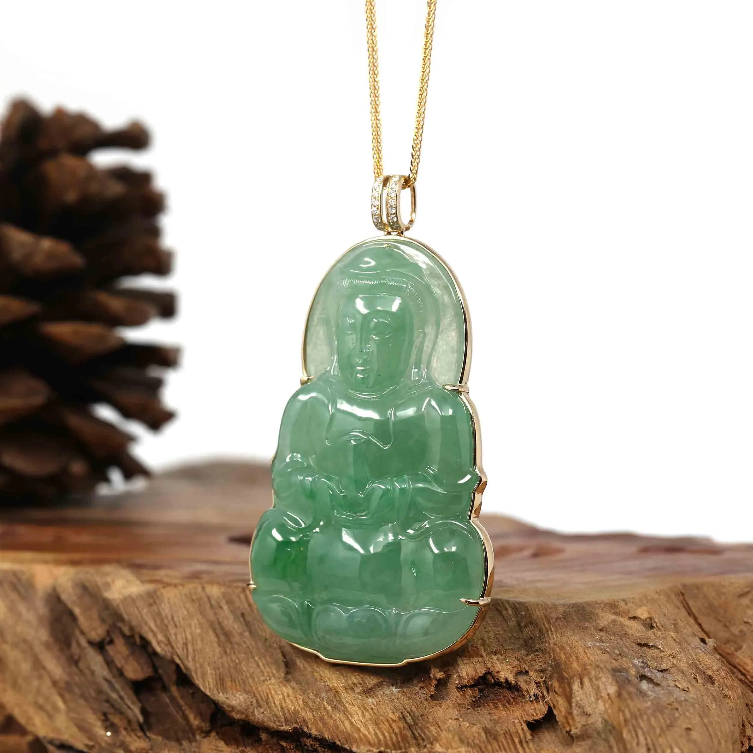 Baikalla 14k Yellow Gold "Goddess of Compassion" Genuine Ice Burmese Jadeite Jade Guanyin Necklace With Gold Bail