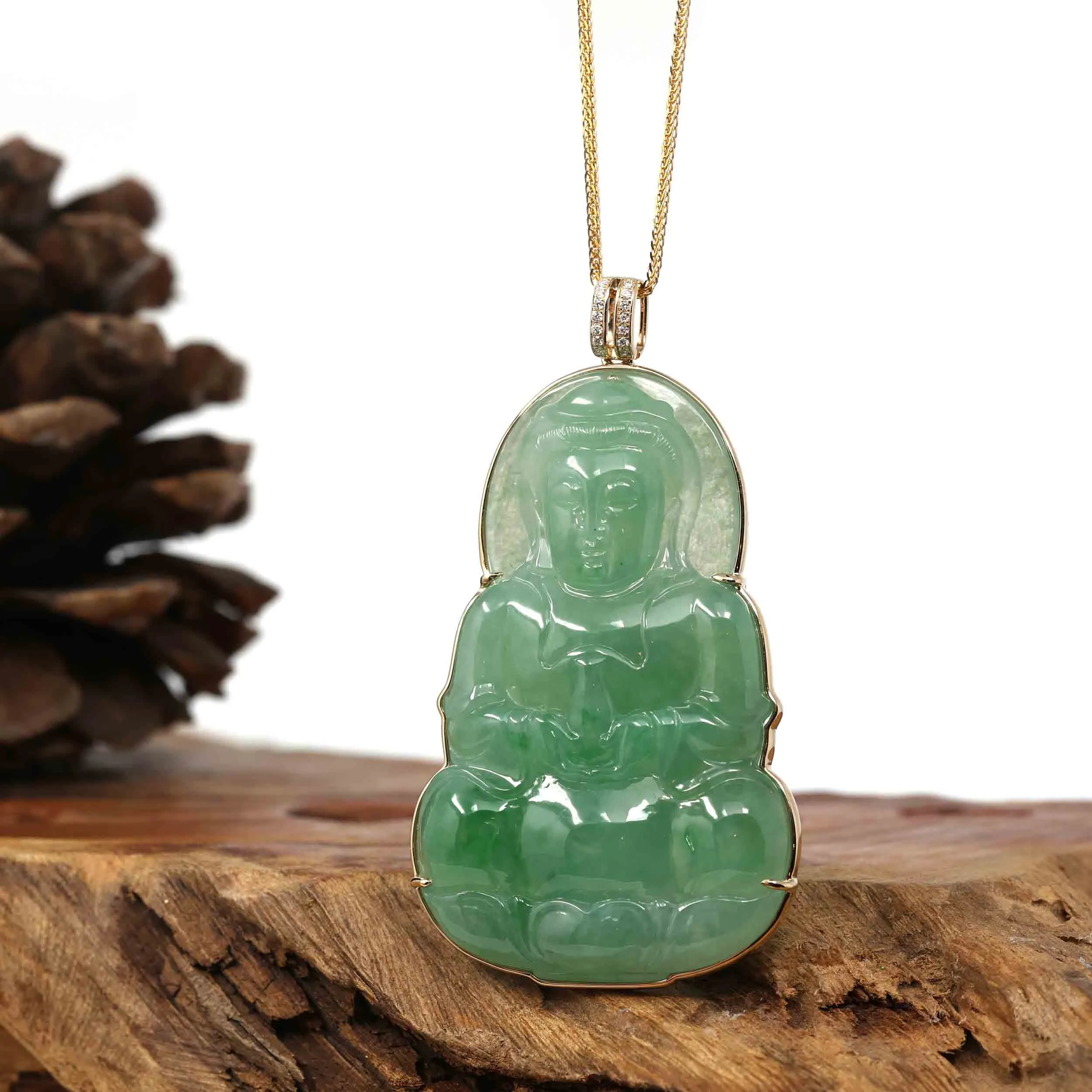 Baikalla 14k Yellow Gold "Goddess of Compassion" Genuine Ice Burmese Jadeite Jade Guanyin Necklace With Gold Bail