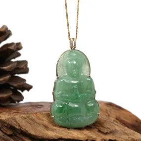 Baikalla 14k Yellow Gold "Goddess of Compassion" Genuine Ice Burmese Jadeite Jade Guanyin Necklace With Gold Bail